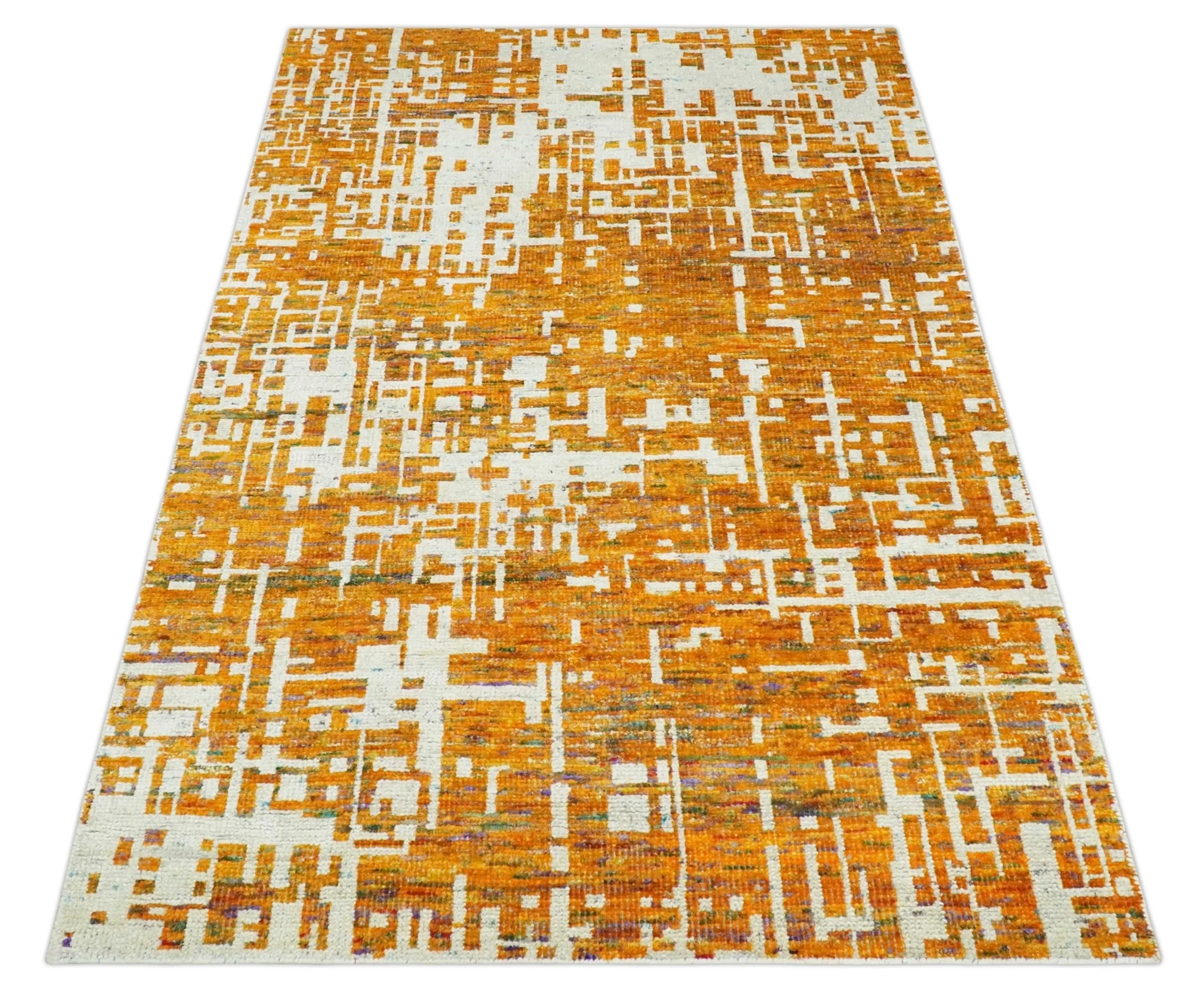 Modern Abstract 5x8 and 5.5x8.5 Gold and Ivory Recycled Art Silk Area Rug - Image 10