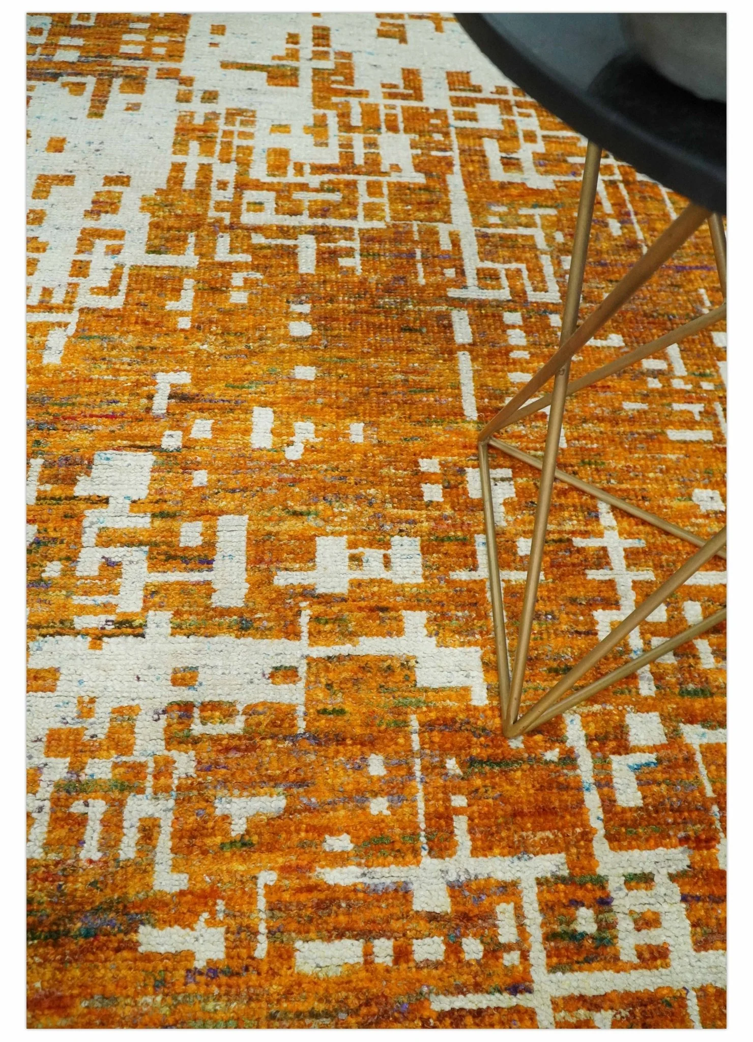 Modern Abstract 5x8 and 5.5x8.5 Gold and Ivory Recycled Art Silk Area Rug - Image 2