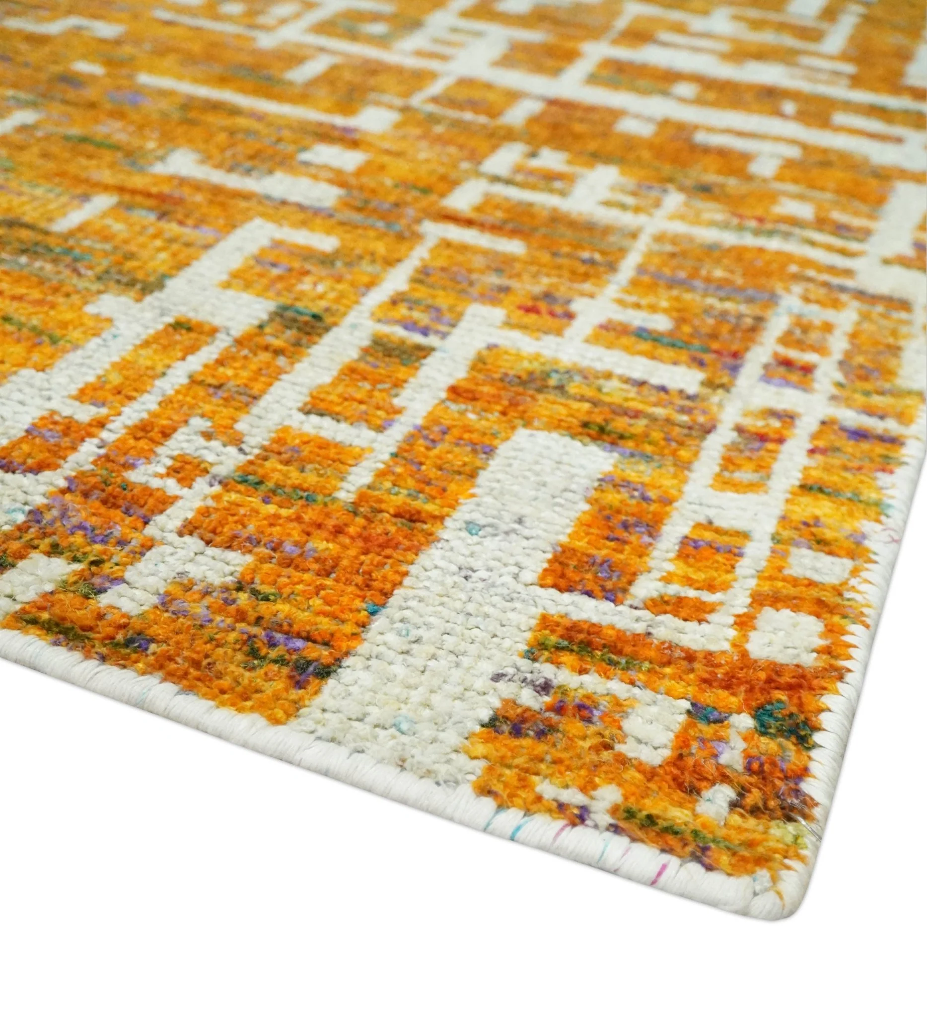 Modern Abstract 5x8 and 5.5x8.5 Gold and Ivory Recycled Art Silk Area Rug - Image 5