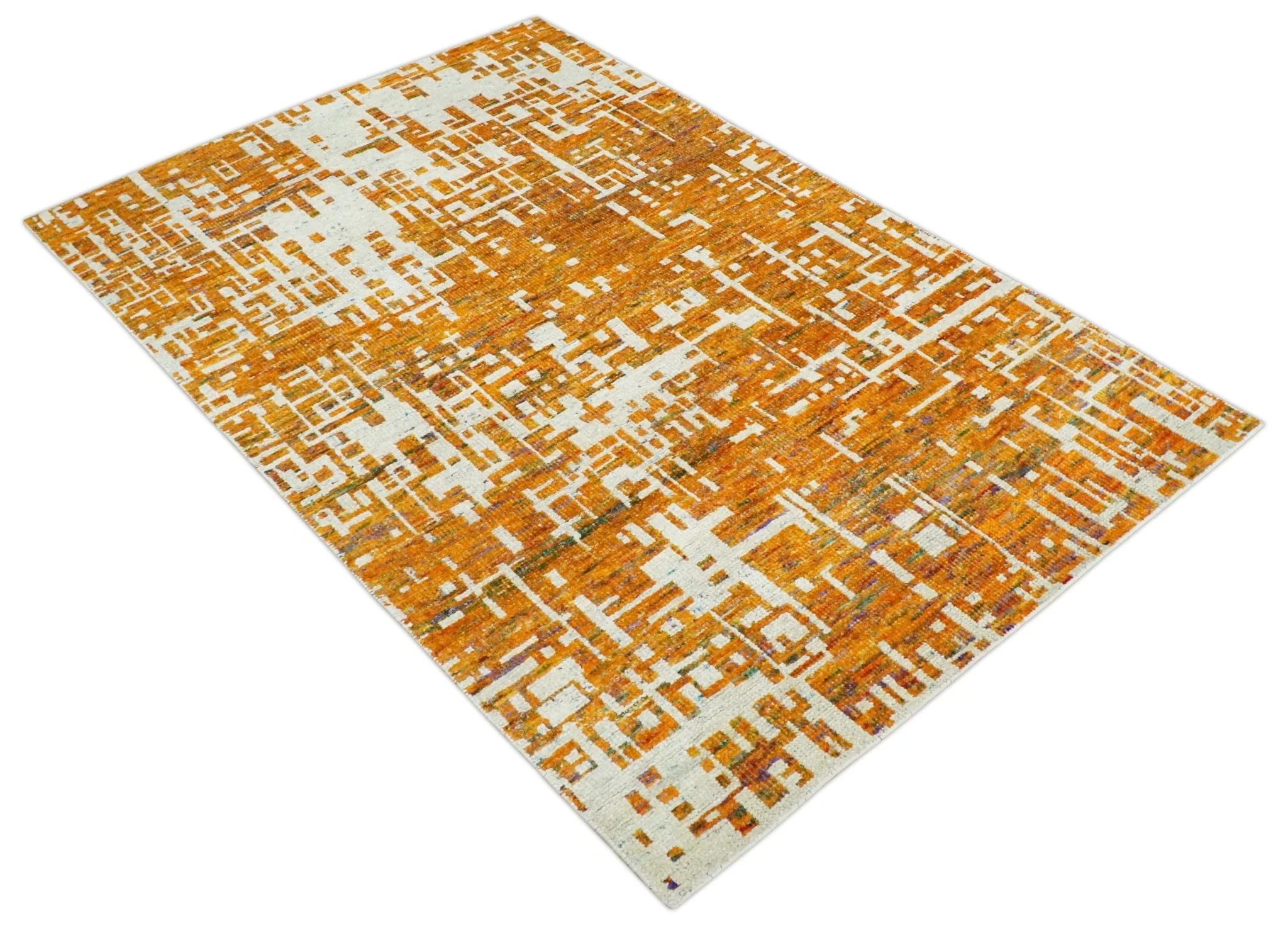 Modern Abstract 5x8 and 5.5x8.5 Gold and Ivory Recycled Art Silk Area Rug - Image 9