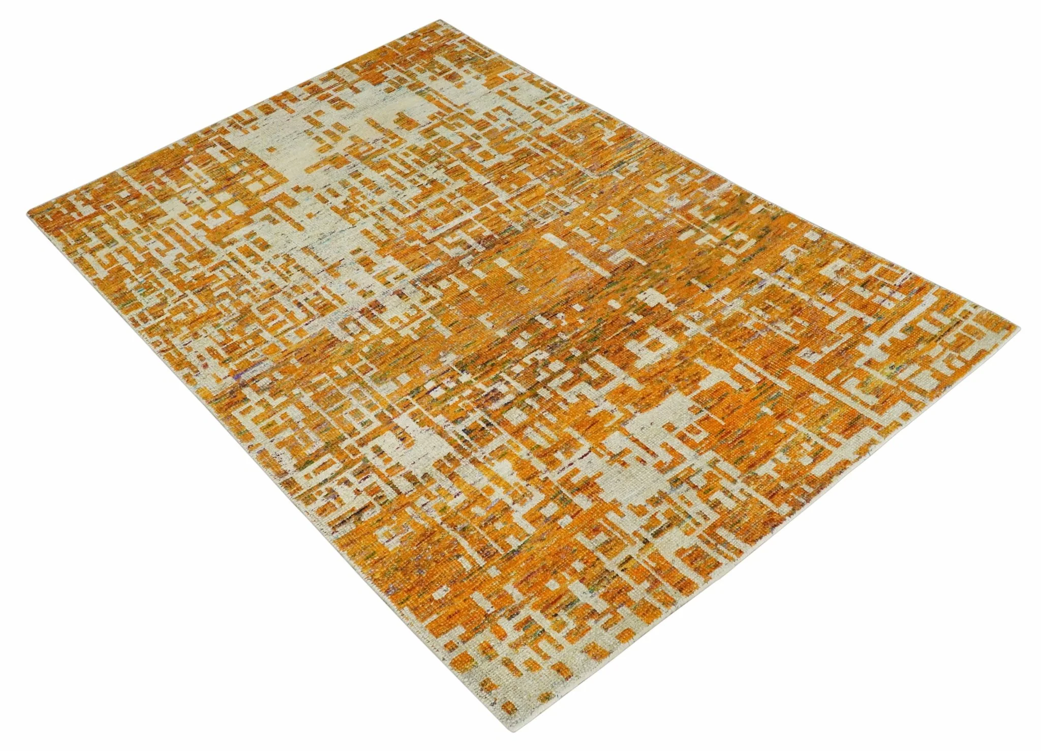 Modern Abstract 6x9 Gold and Ivory Recycled Art Silk Area Rug - Image 10