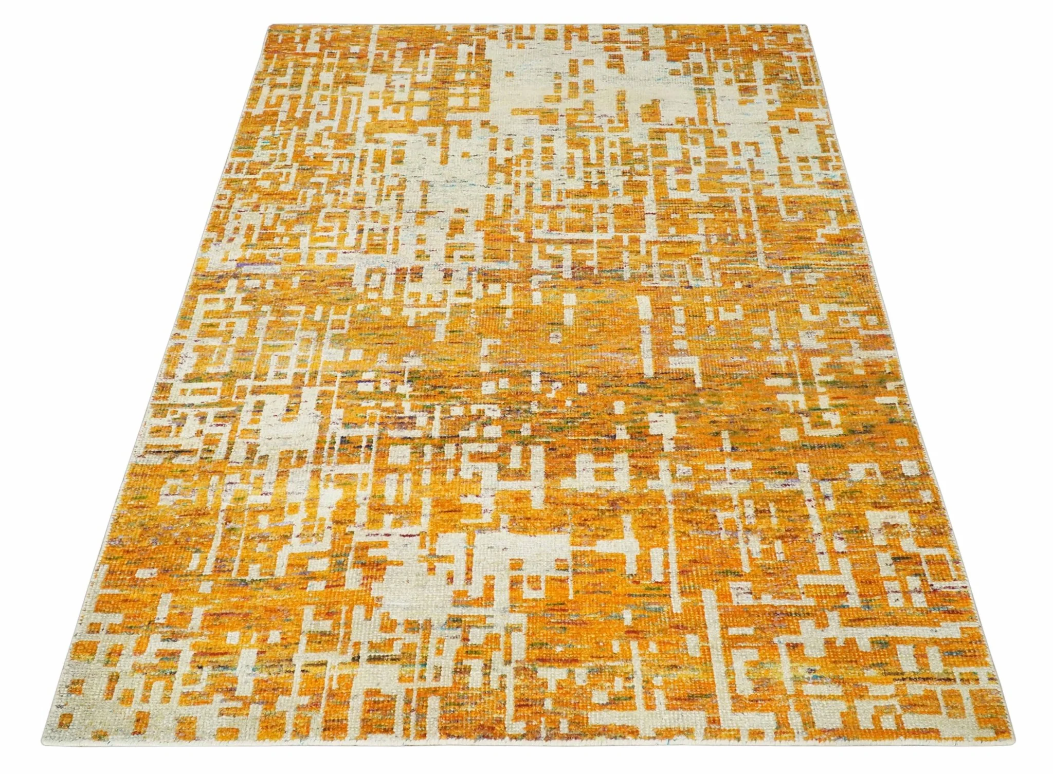 Modern Abstract 6x9 Gold and Ivory Recycled Art Silk Area Rug - Image 9