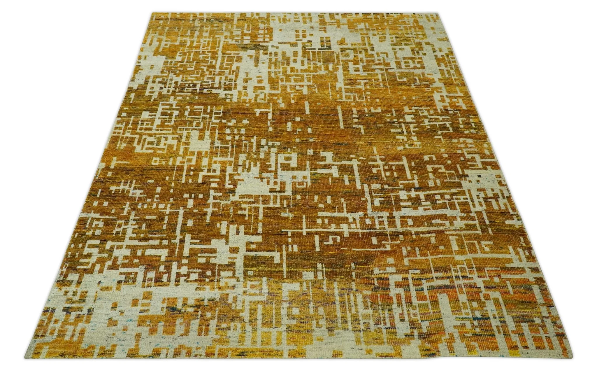 Modern Abstract 8x10 Gold, Rust and Ivory Hand Knotted Recycled Art Silk Rug - Image 10