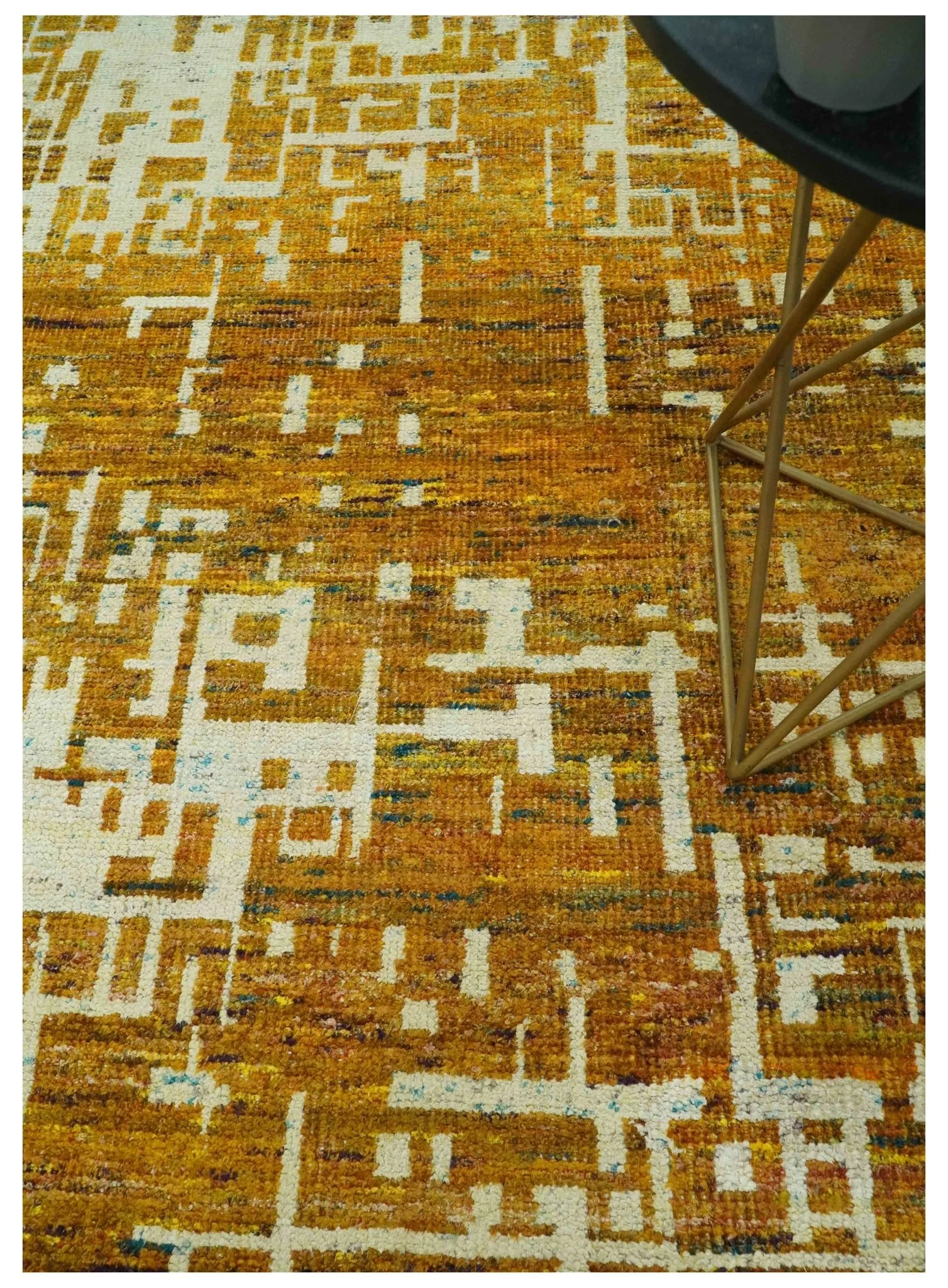 Modern Abstract 8x10 Gold, Rust and Ivory Hand Knotted Recycled Art Silk Rug - Image 2