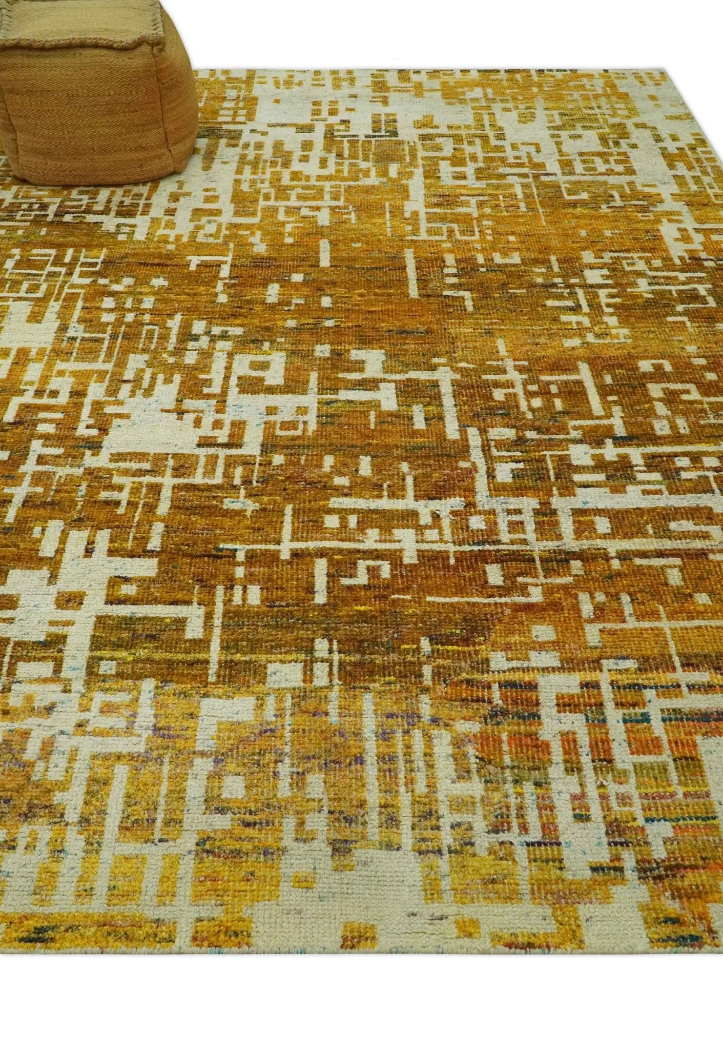 Modern Abstract 8x10 Gold, Rust and Ivory Hand Knotted Recycled Art Silk Rug - Image 3
