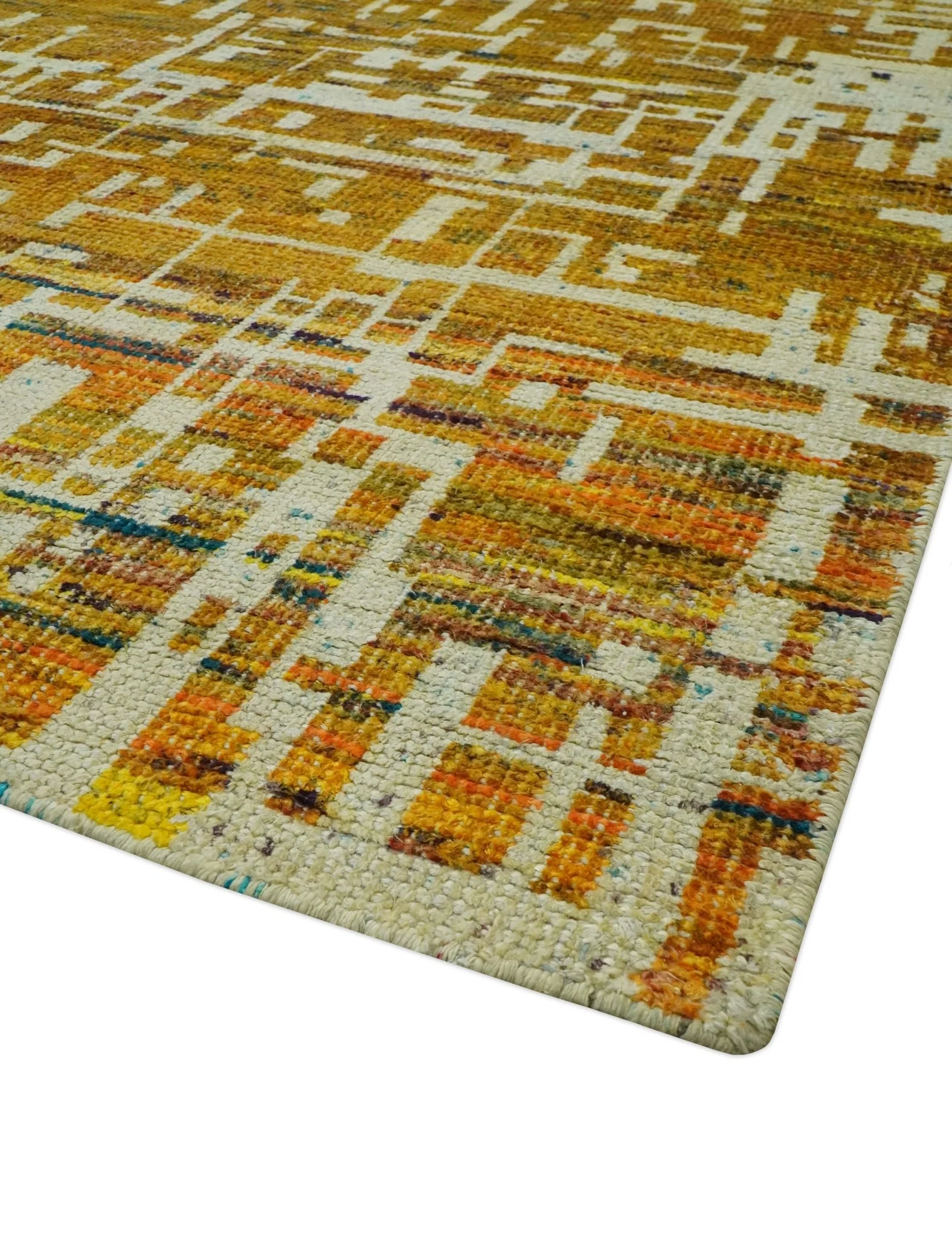 Modern Abstract 8x10 Gold, Rust and Ivory Hand Knotted Recycled Art Silk Rug - Image 5