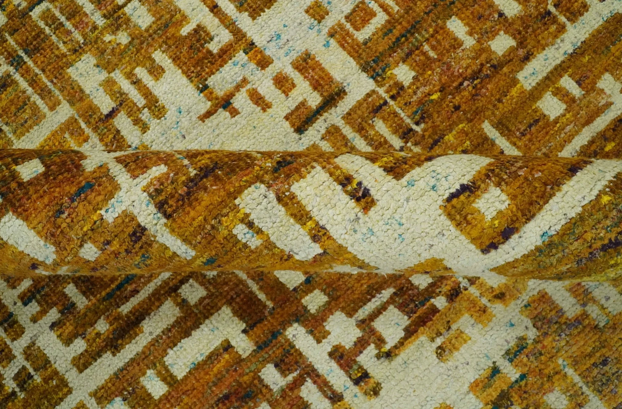 Modern Abstract 8x10 Gold, Rust and Ivory Hand Knotted Recycled Art Silk Rug - Image 6