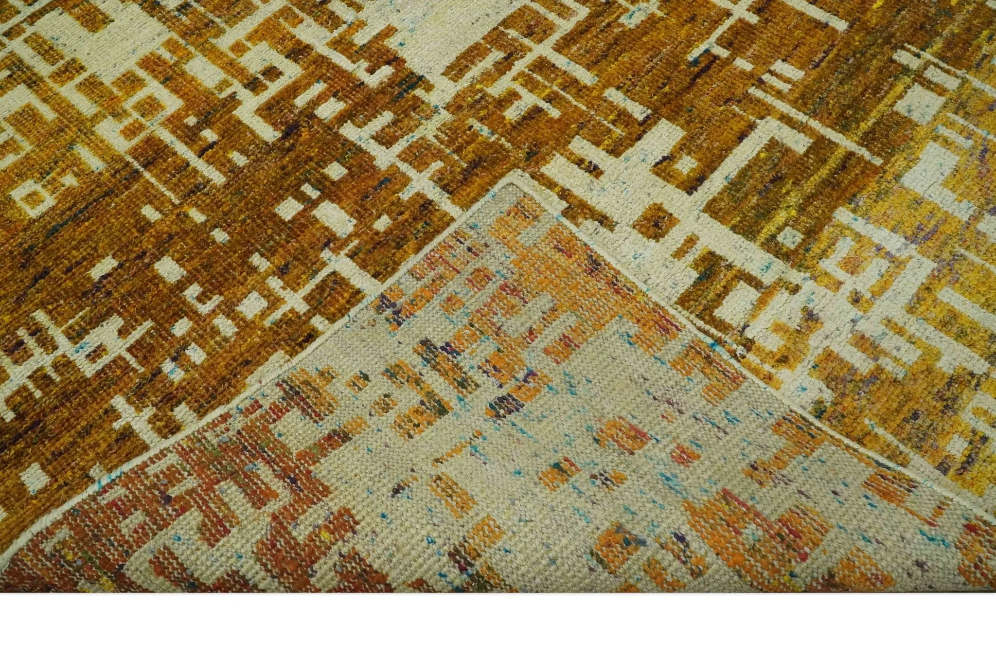 Modern Abstract 8x10 Gold, Rust and Ivory Hand Knotted Recycled Art Silk Rug - Image 7