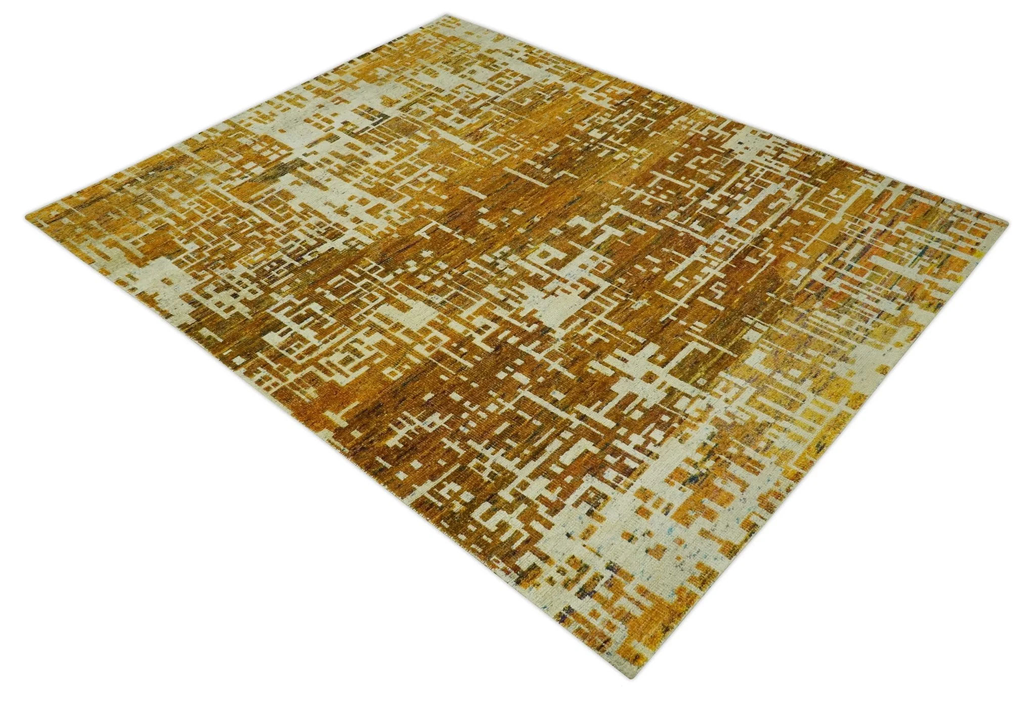 Modern Abstract 8x10 Gold, Rust and Ivory Hand Knotted Recycled Art Silk Rug - Image 9