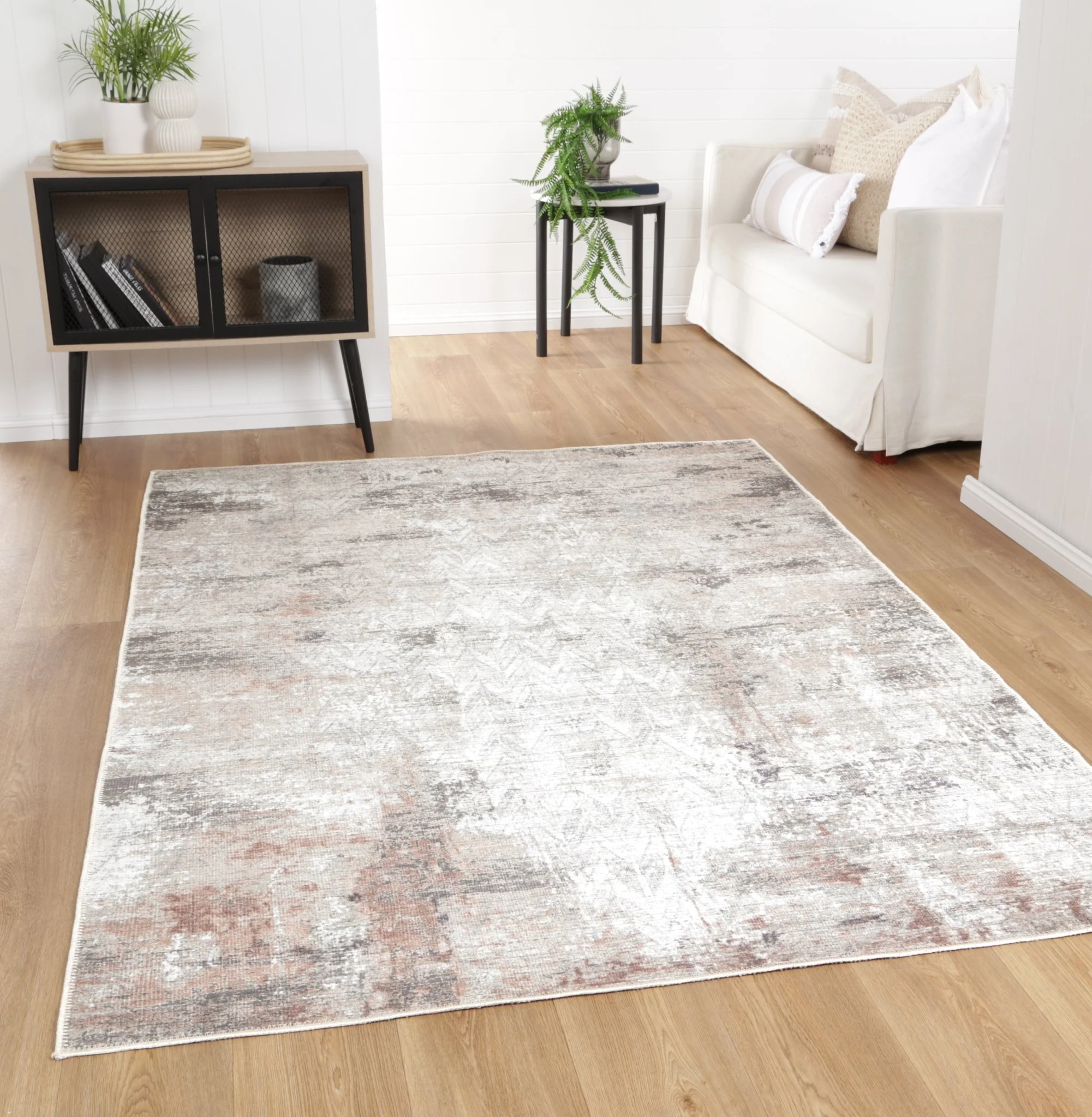 Modern Abstract Gray And Beige Machine Washable Rug - Image 2