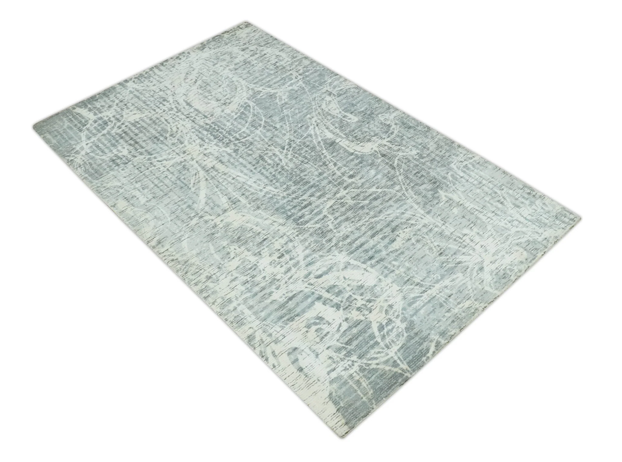 Modern Abstract Gray and Ivory 5x8 Hand loom wool and Viscose Area Rug - Image 10