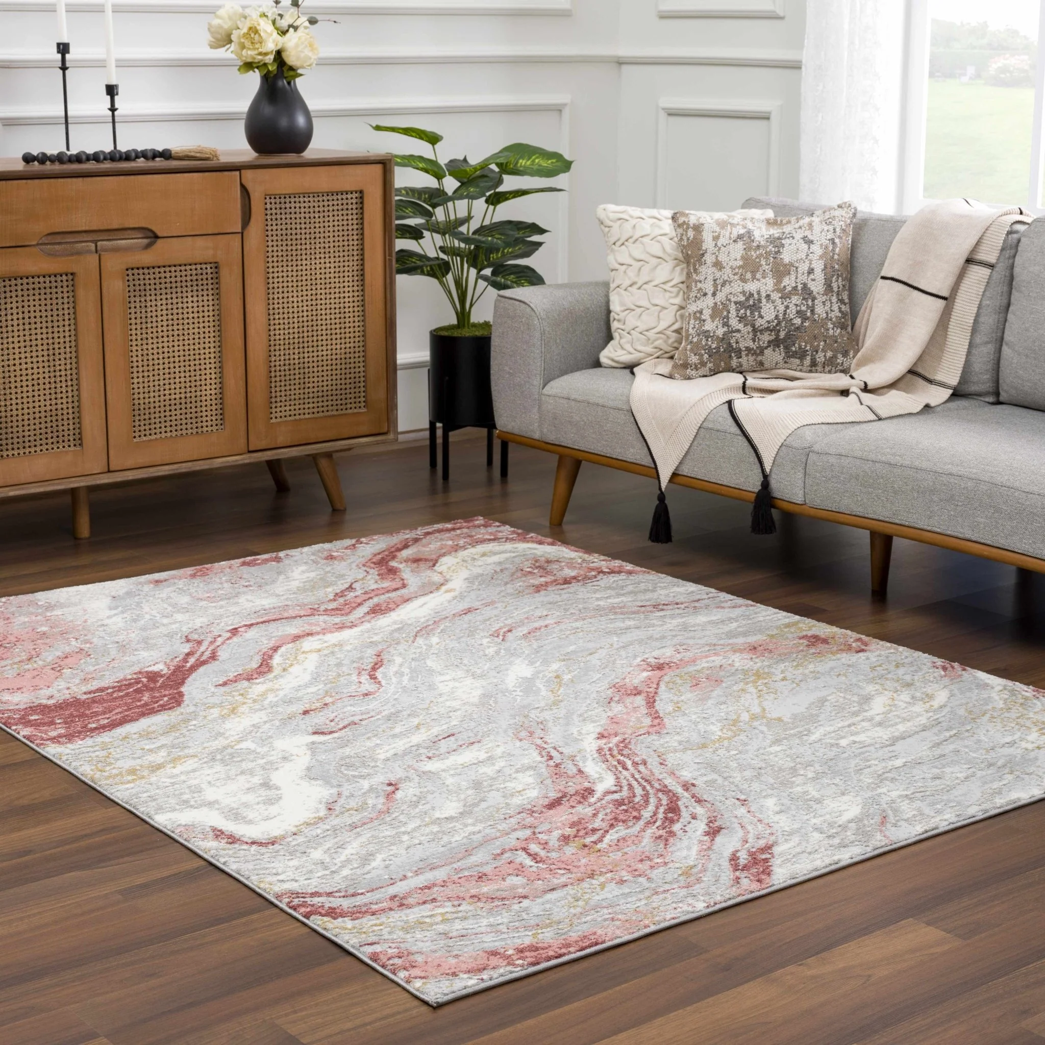 Modern Abstract Gray, Ivory and Maroon Multi Size Area Rug - Image 12