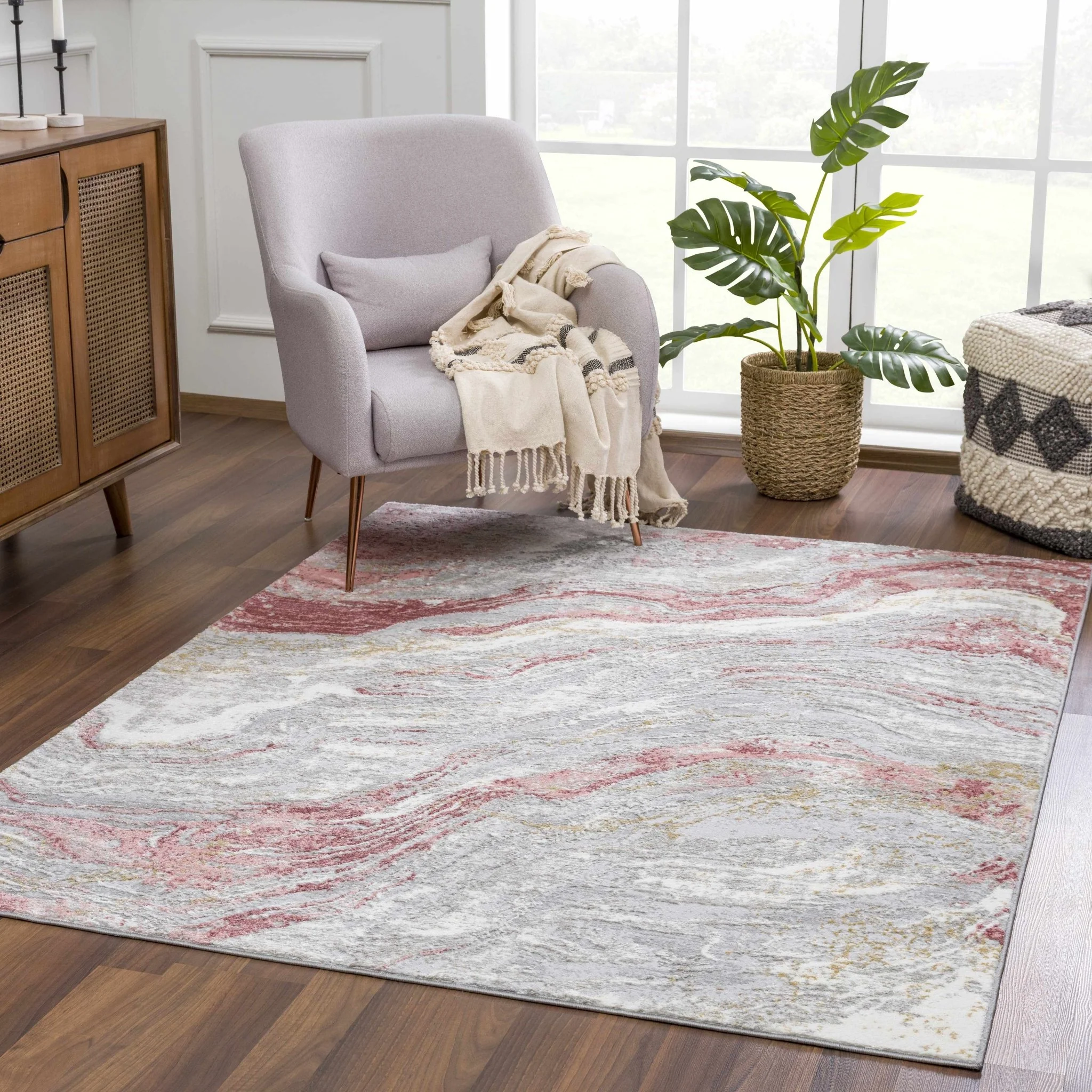 Modern Abstract Gray, Ivory and Maroon Multi Size Area Rug - Image 2