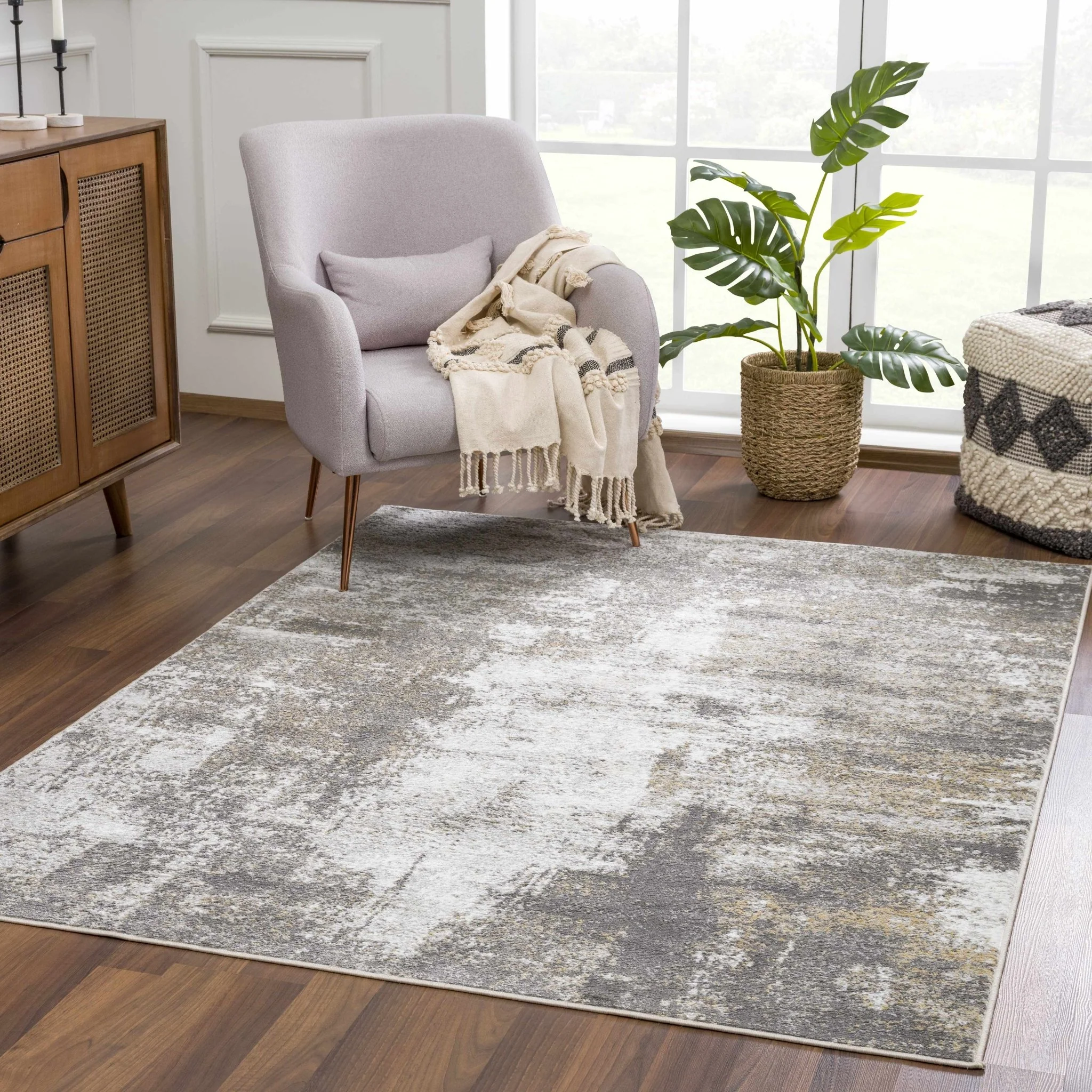 Modern Abstract Gray, Off White and Mustard Medium Pile Washable Area Rug - Image 11