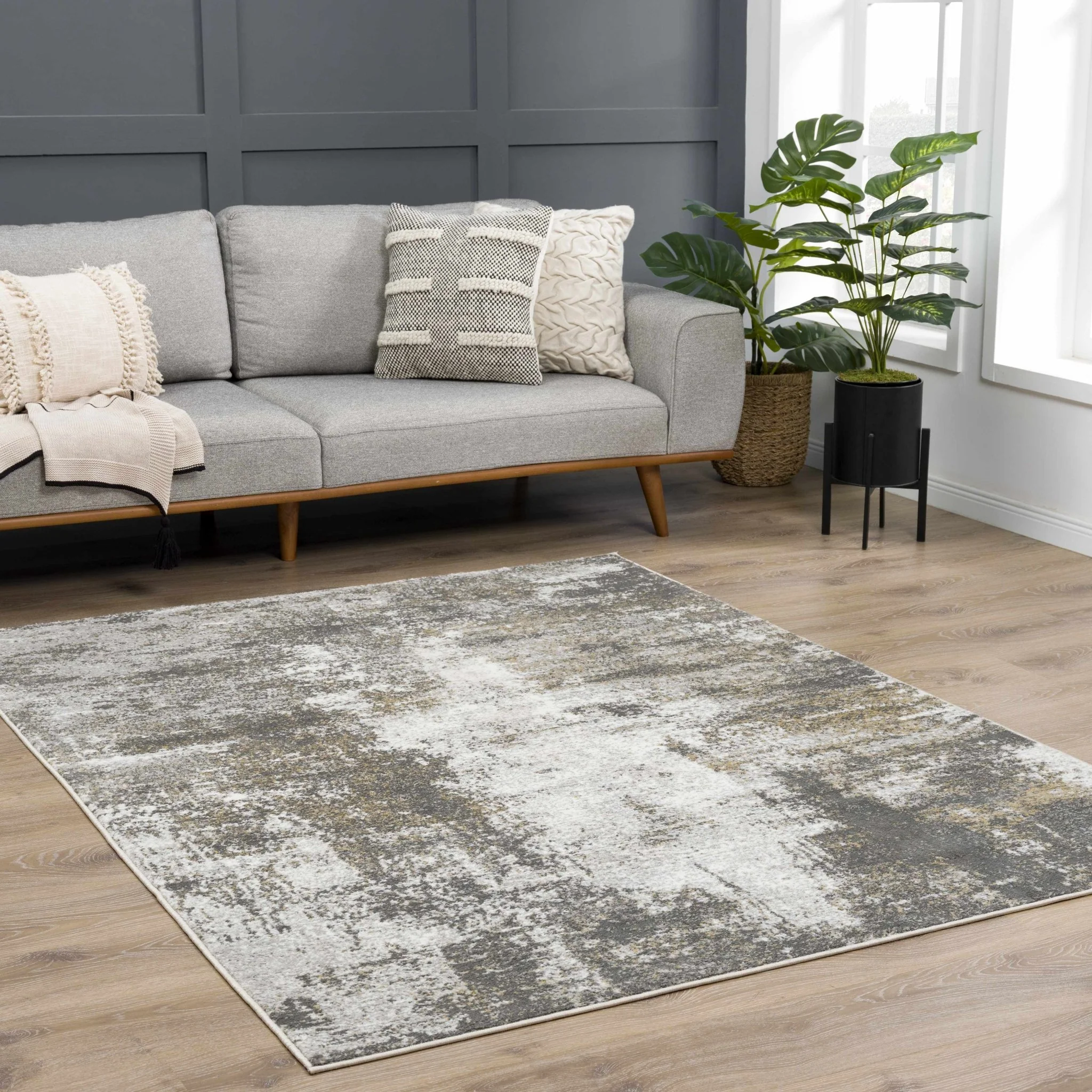 Modern Abstract Gray, Off White and Mustard Medium Pile Washable Area Rug - Image 12