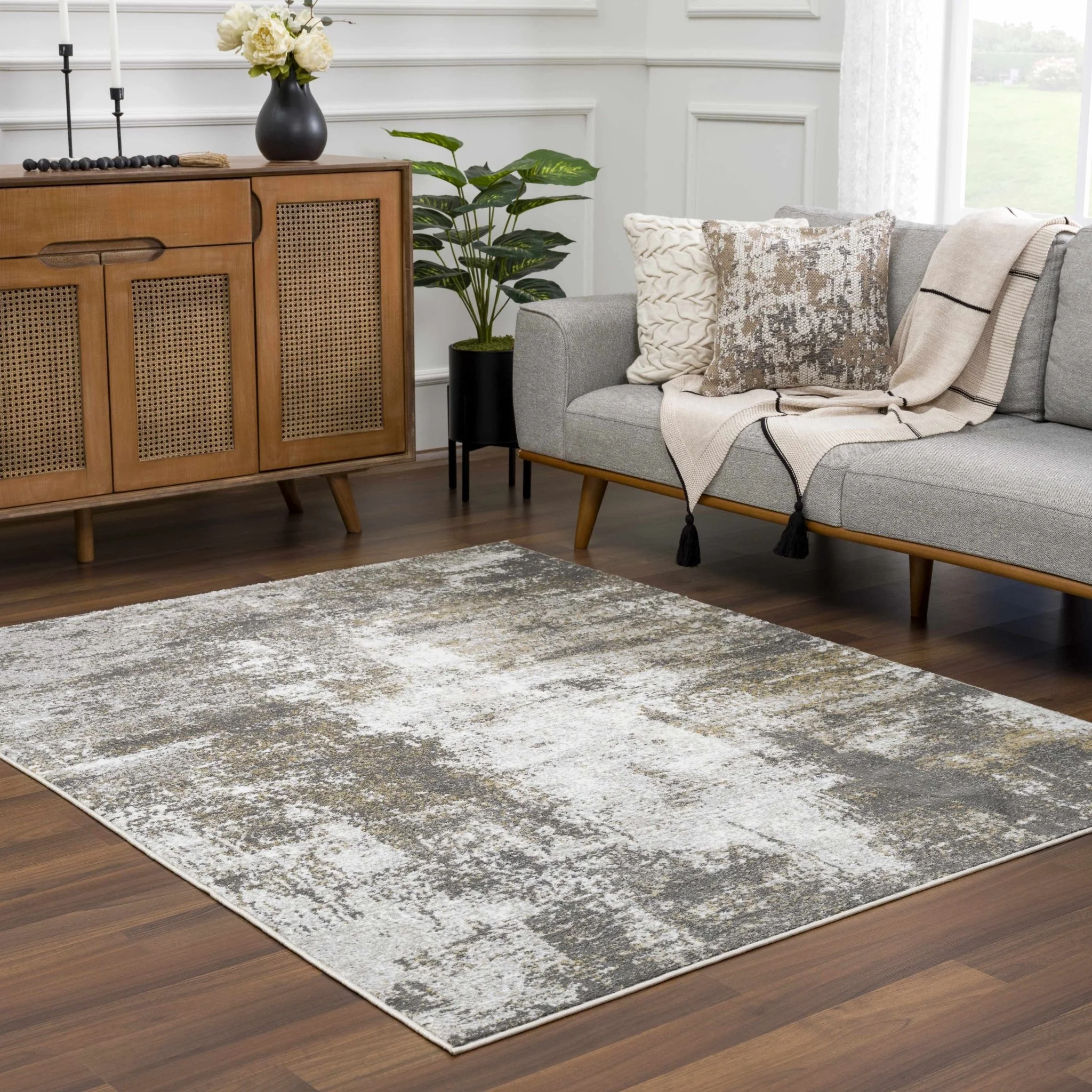 Modern Abstract Gray, Off White and Mustard Medium Pile Washable Area Rug - Image 13