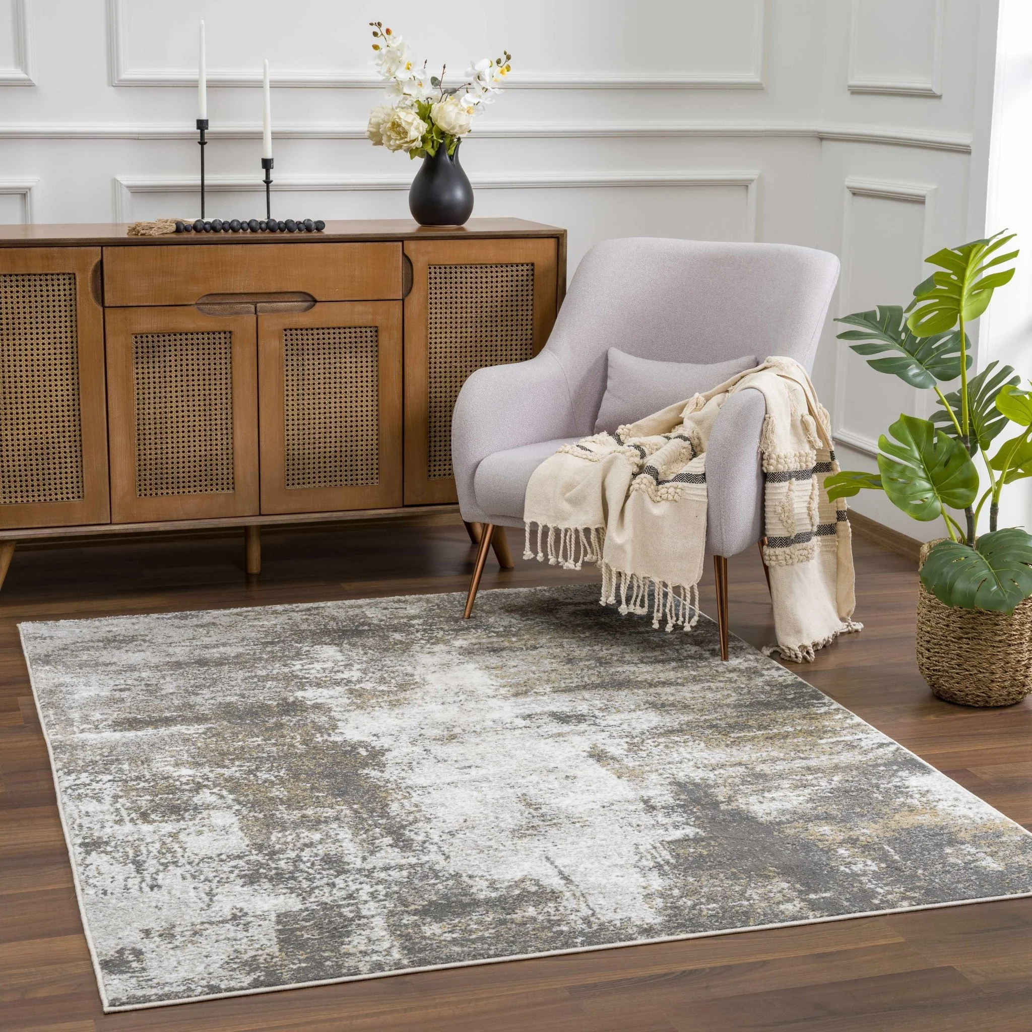 Modern Abstract Gray, Off White and Mustard Medium Pile Washable Area Rug - Image 2