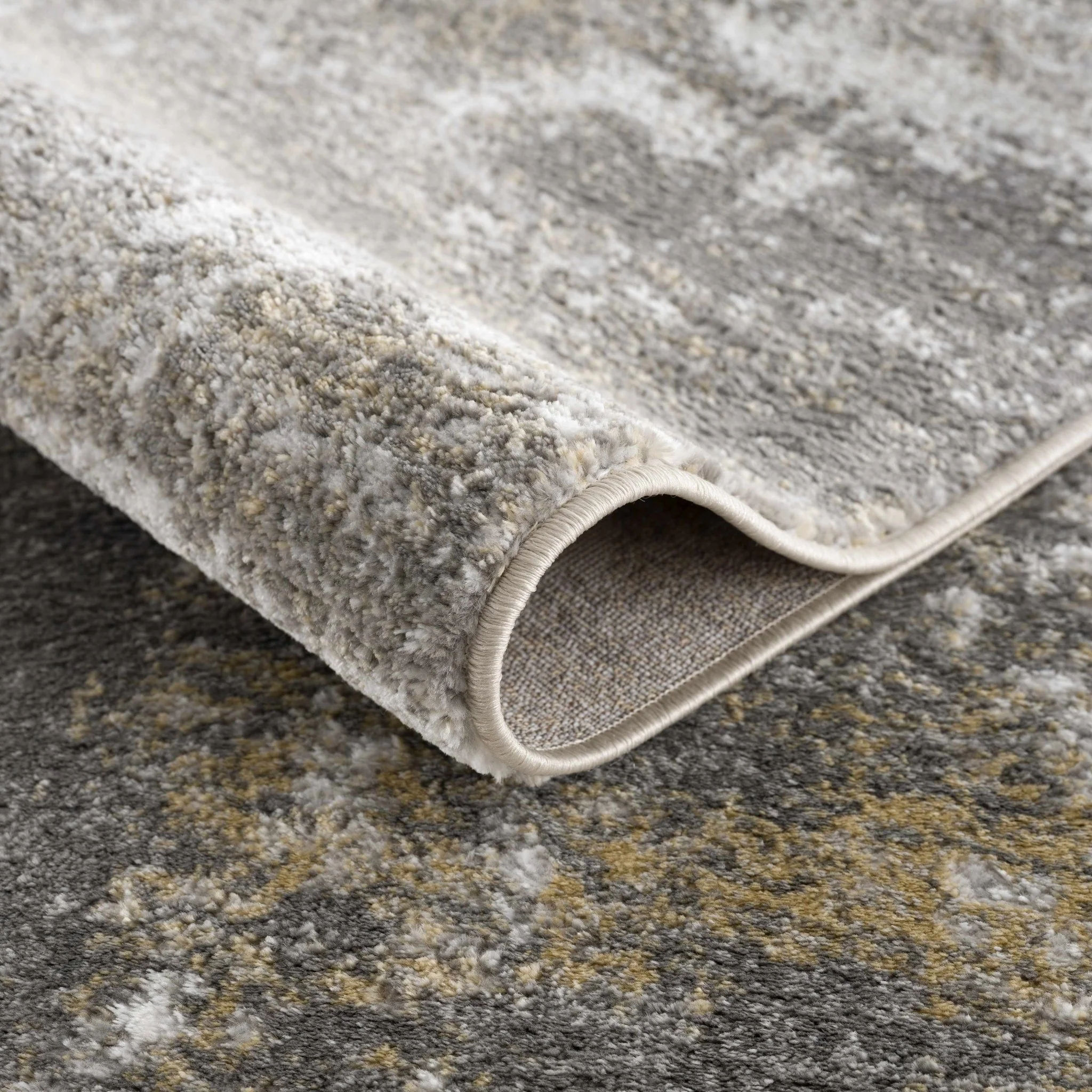 Modern Abstract Gray, Off White and Mustard Medium Pile Washable Area Rug - Image 5