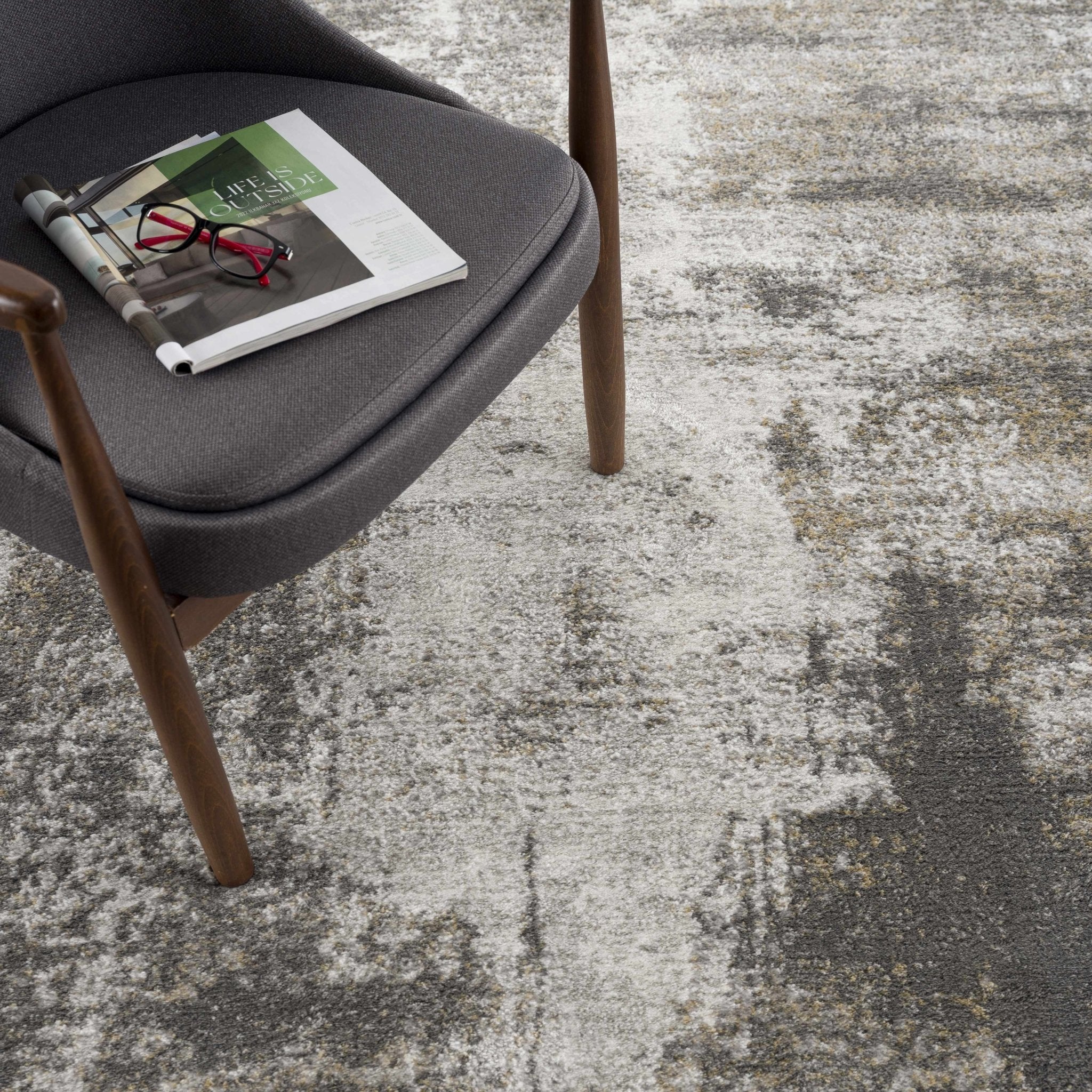 Modern Abstract Gray, Off White and Mustard Medium Pile Washable Area Rug - Image 9