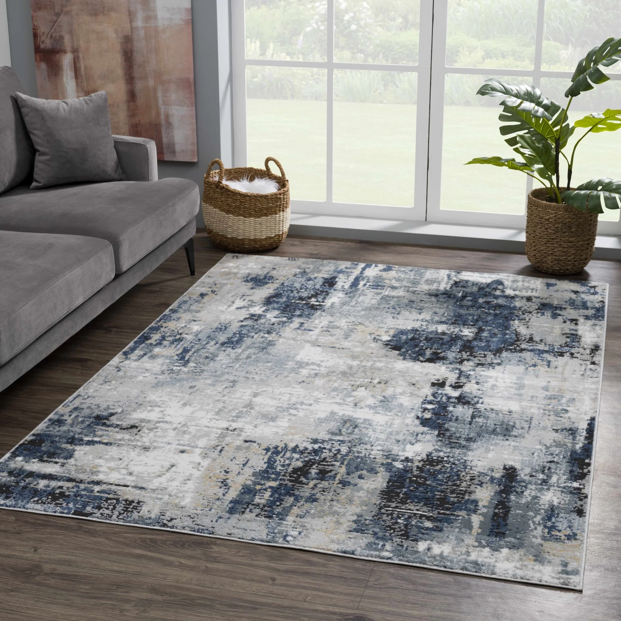 Modern abstract Gray, Silver, Blue and Charcoal Contemporary Area Rug - Image 17