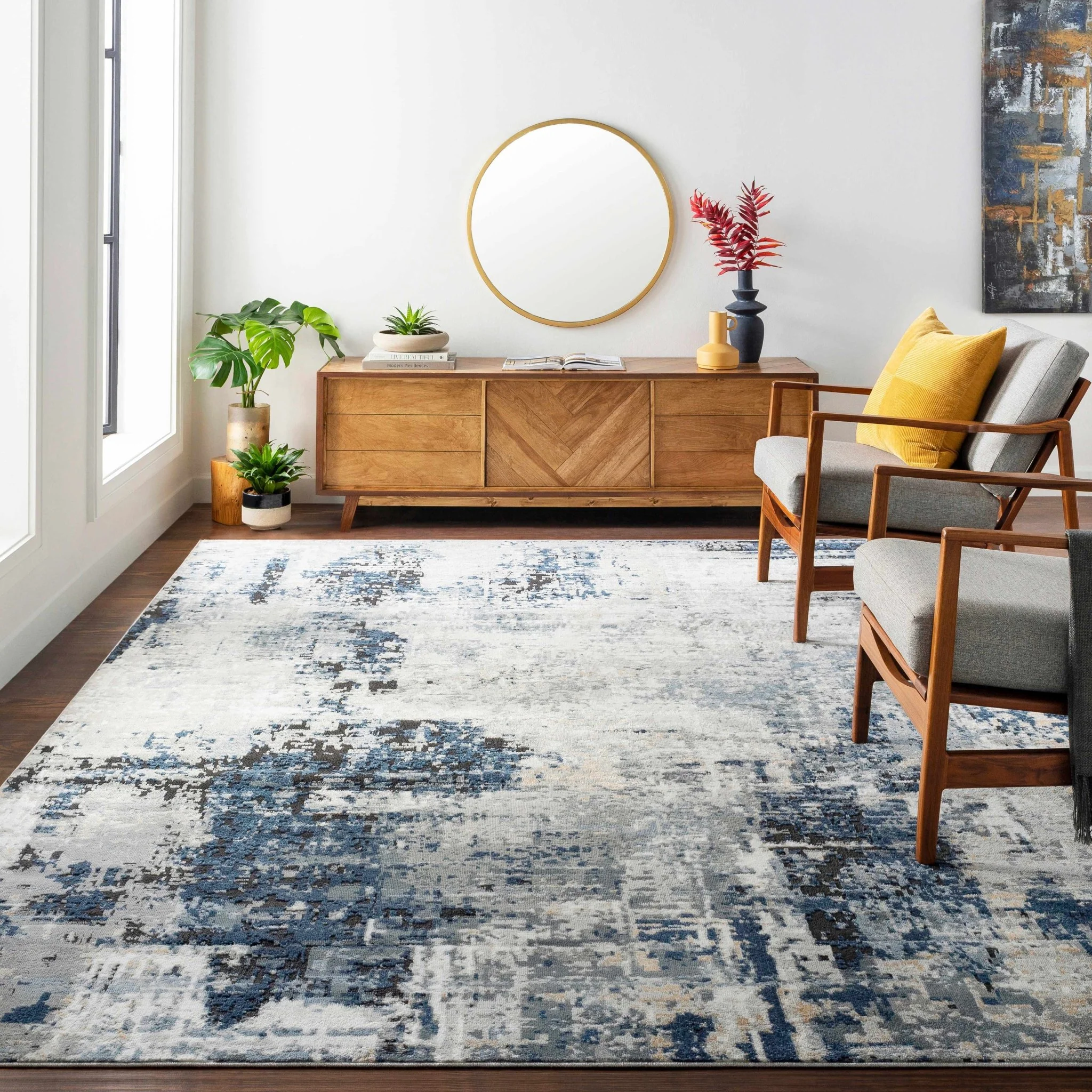 Modern abstract Gray, Silver, Blue and Charcoal Contemporary Area Rug - Image 2