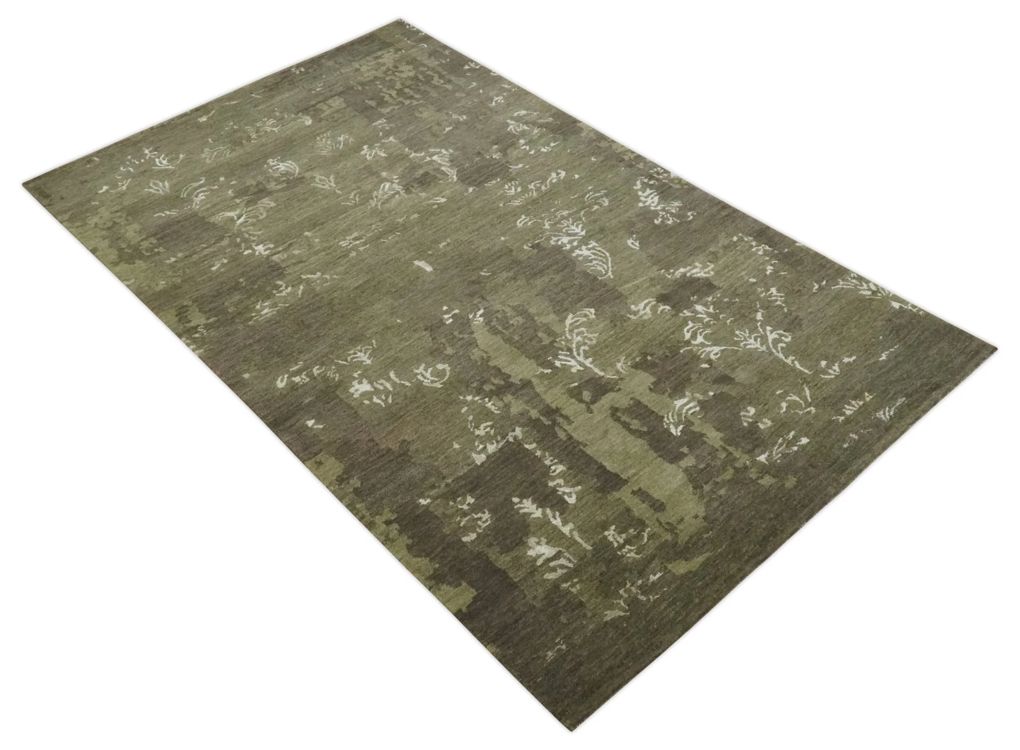 Modern Abstract Green and Silver Hand loom wool and Art Silk Area Rug - Image 10
