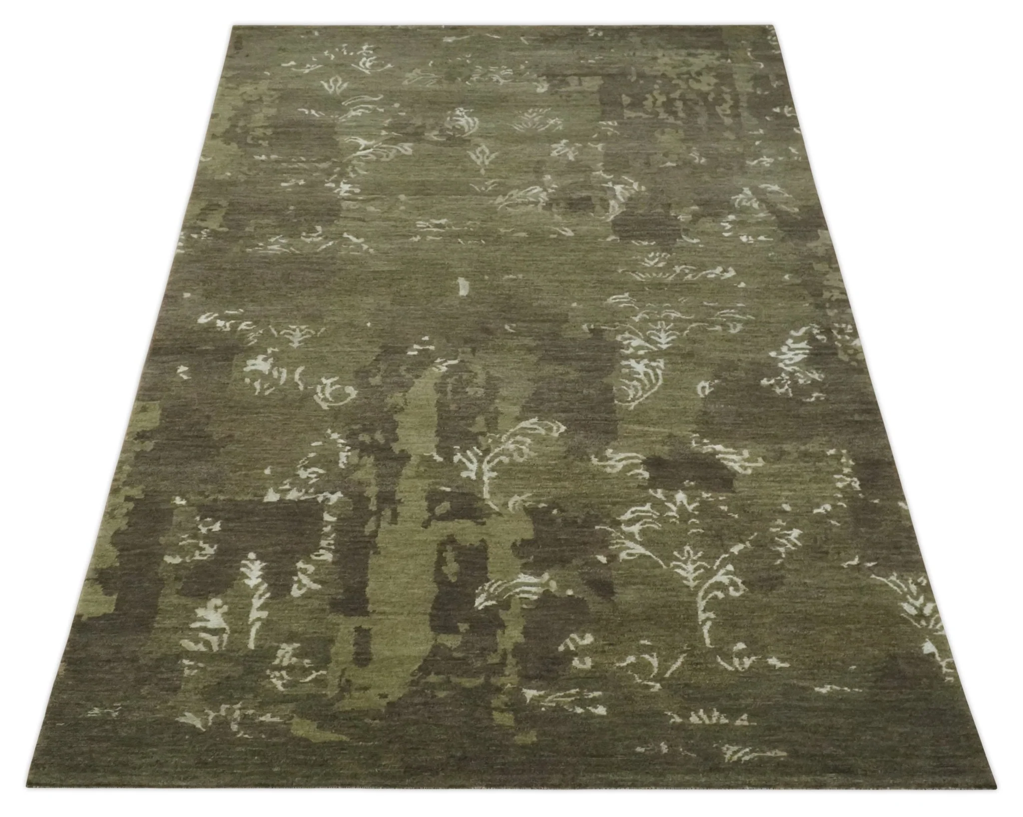 Modern Abstract Green and Silver Hand loom wool and Art Silk Area Rug - Image 11