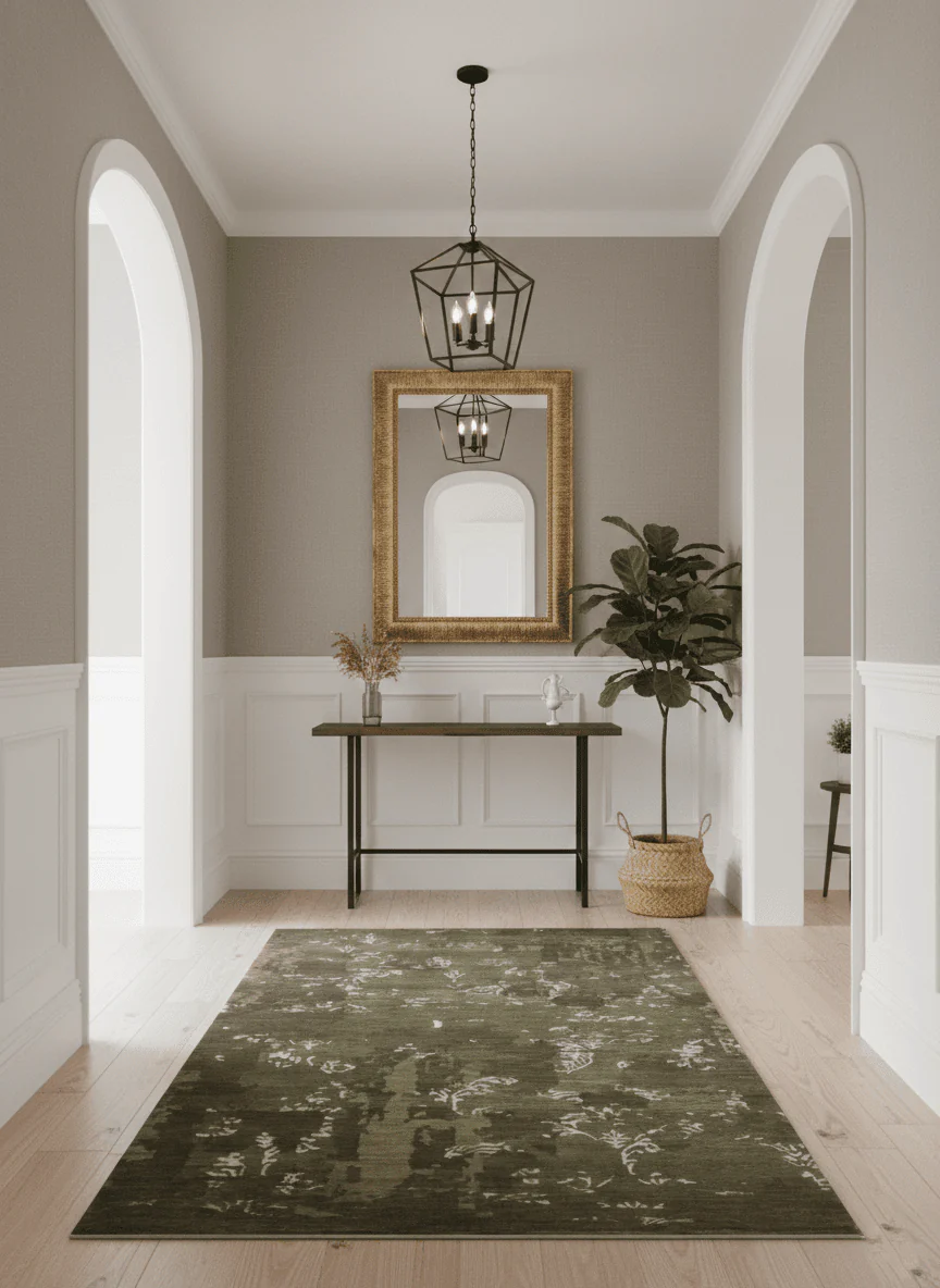 Modern Abstract Green and Silver Hand loom wool and Art Silk Area Rug - Image 2