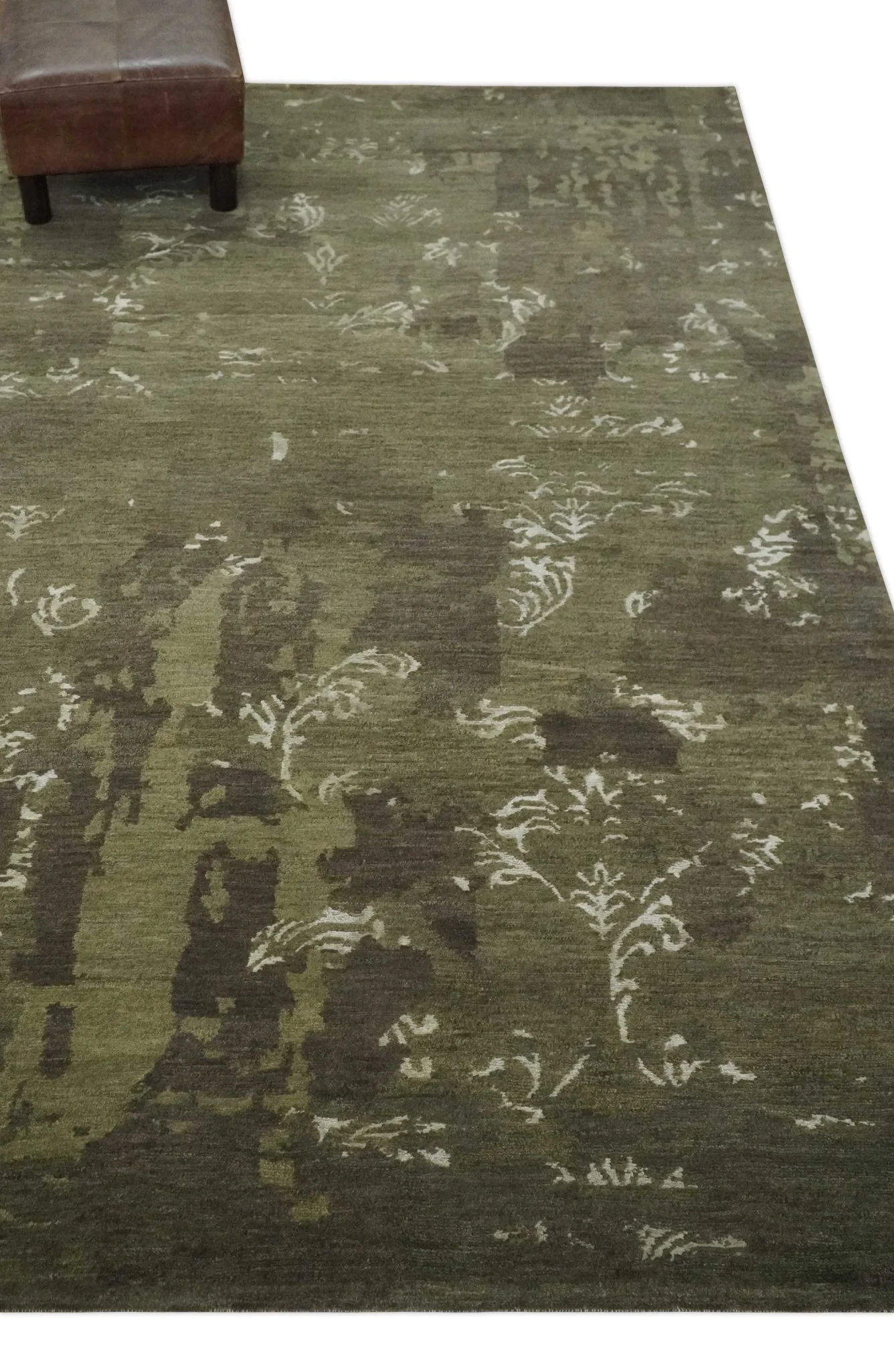 Modern Abstract Green and Silver Hand loom wool and Art Silk Area Rug - Image 4