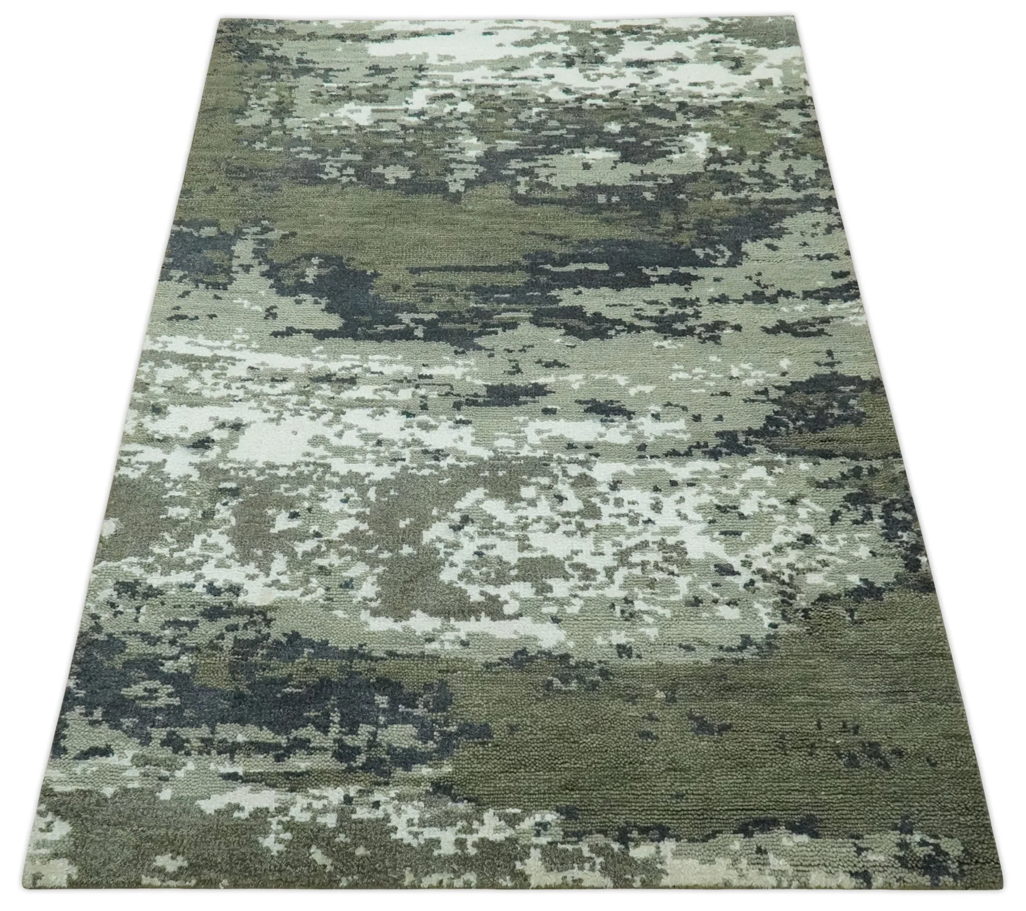 Modern abstract Green, Charcoal, Ivory and silver Hand Knotted 5x8 wool Area Rug - Image 10