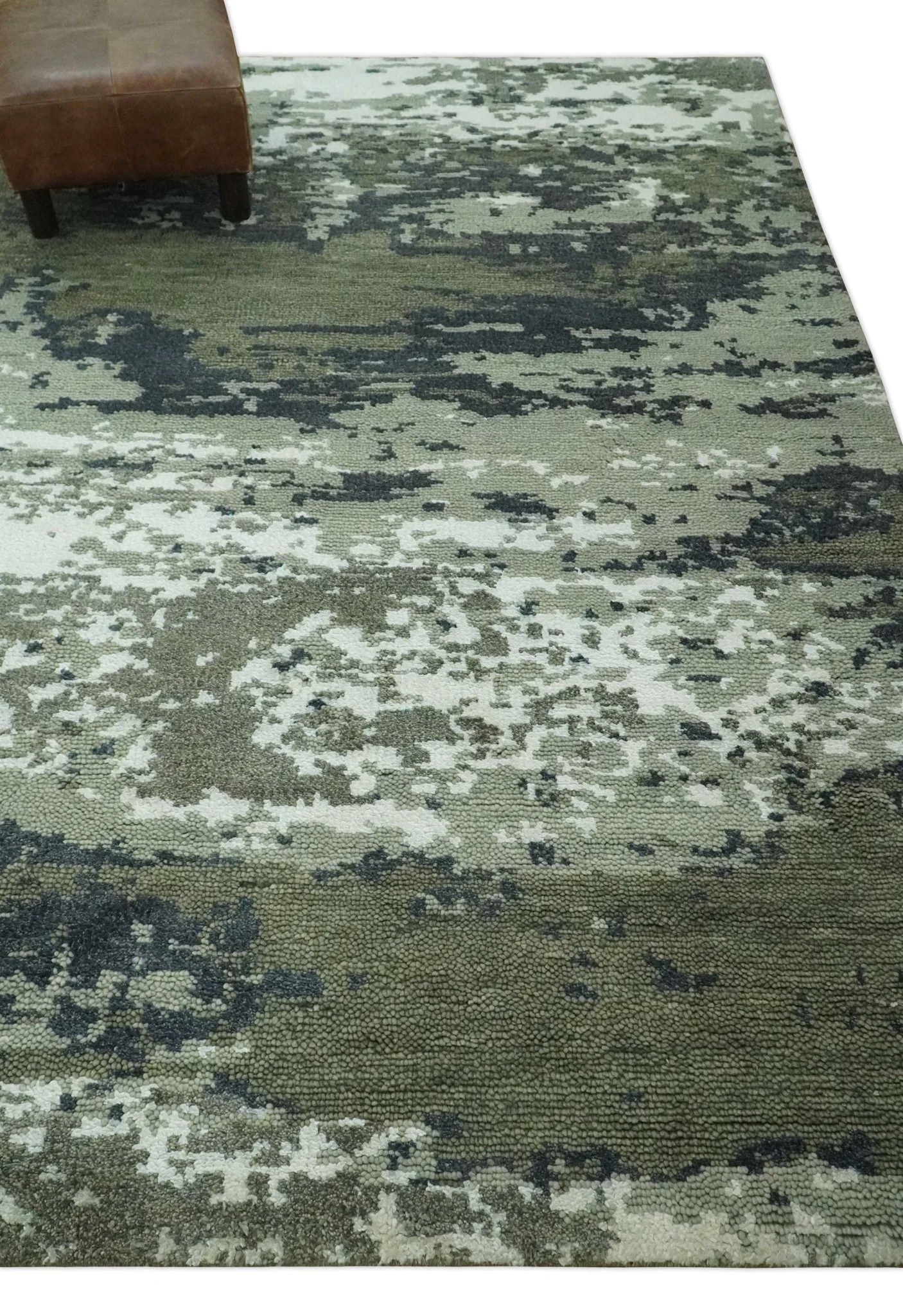 Modern abstract Green, Charcoal, Ivory and silver Hand Knotted 5x8 wool Area Rug - Image 3