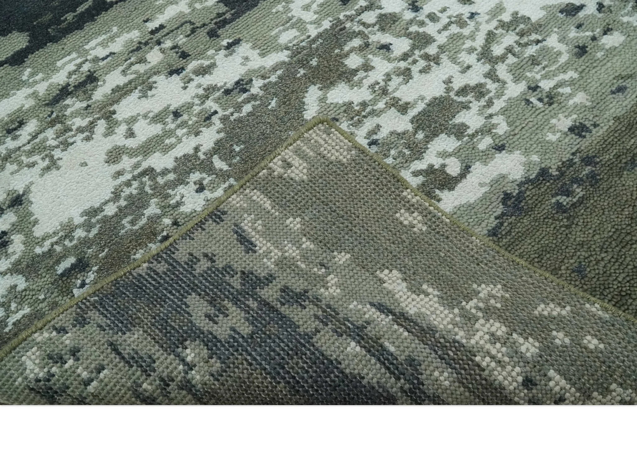 Modern abstract Green, Charcoal, Ivory and silver Hand Knotted 5x8 wool Area Rug - Image 7