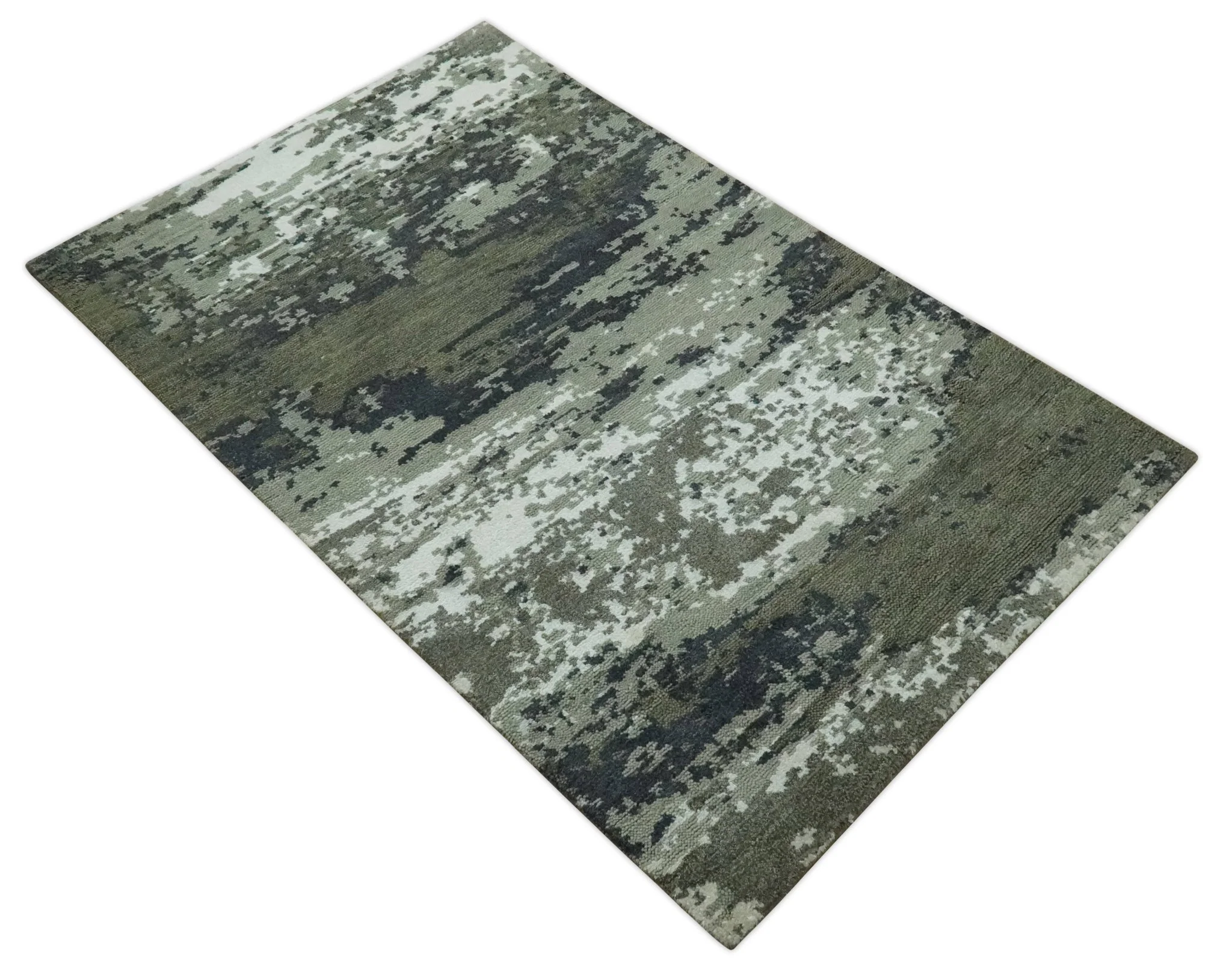 Modern abstract Green, Charcoal, Ivory and silver Hand Knotted 5x8 wool Area Rug - Image 9