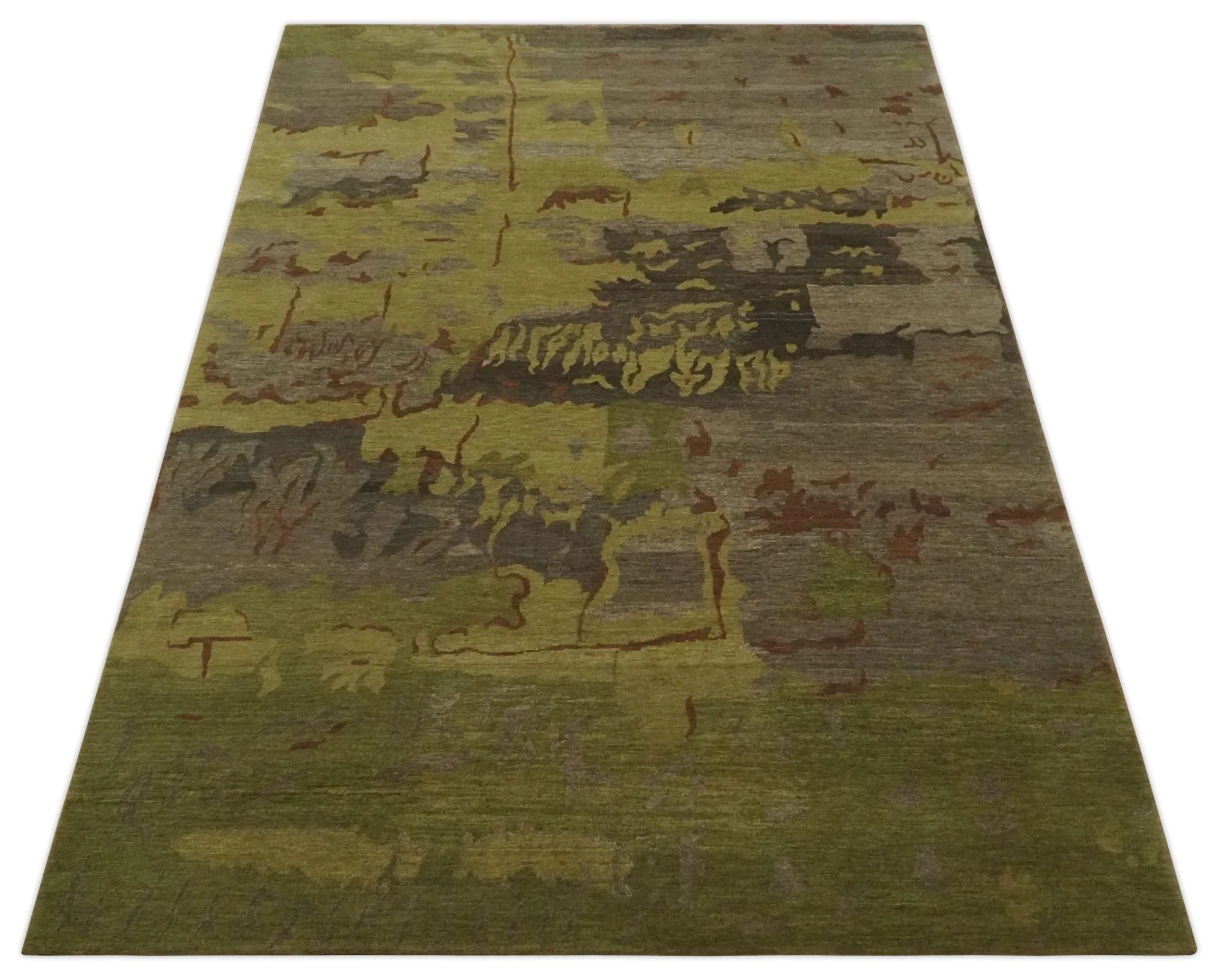 Modern Abstract Green, Olive, Charcoal and Brown Hand knotted 6x9 wool Area Rug - Image 10