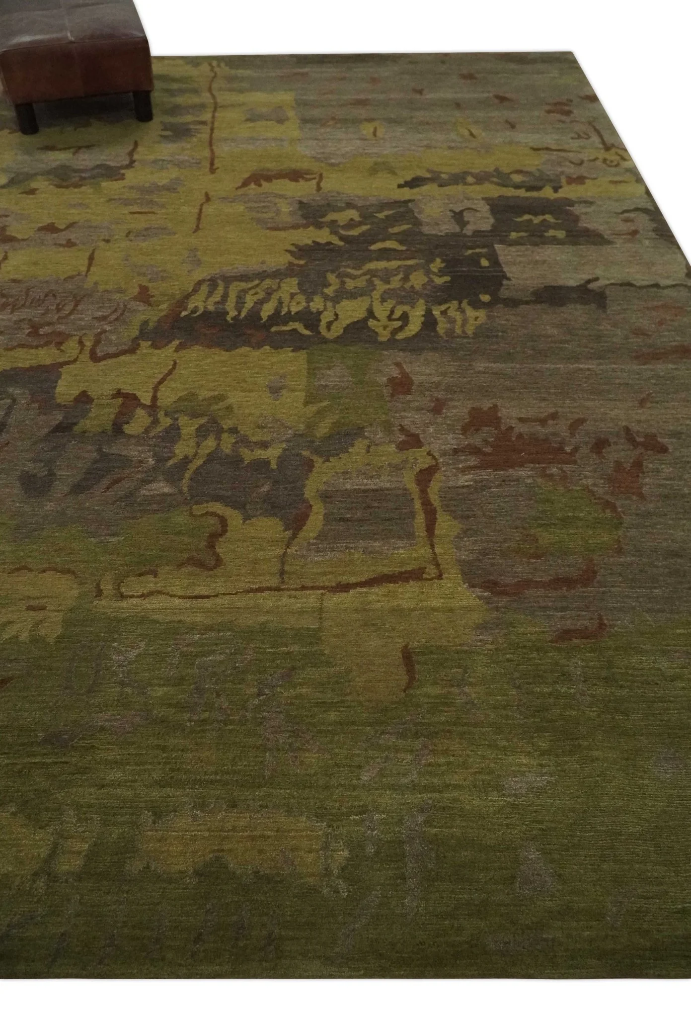Modern Abstract Green, Olive, Charcoal and Brown Hand knotted 6x9 wool Area Rug - Image 3