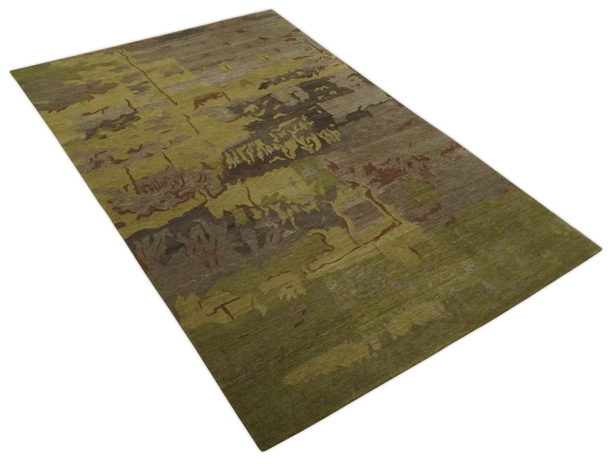 Modern Abstract Green, Olive, Charcoal and Brown Hand knotted 6x9 wool Area Rug - Image 9