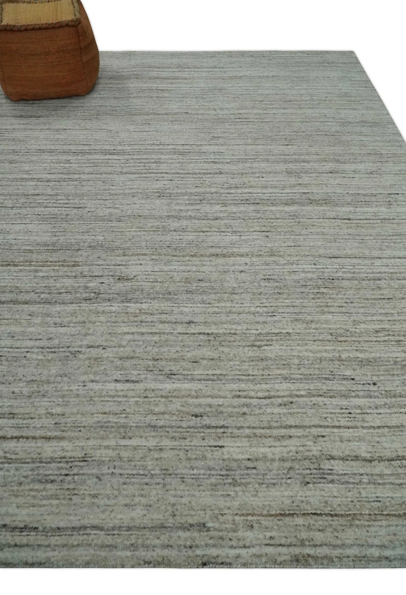Modern Solid Self Design Abstract Handloom Ivory, Silver and Brown 8x10 Contemporary Wool Area Rug | TRD10282810S - Image 3