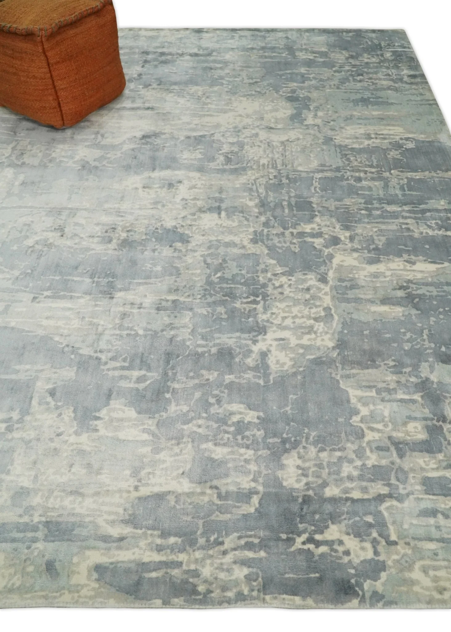 Modern Abstract Handmade 8x10 Beige and Gray Bamboo Silk Area Rug - Image 3