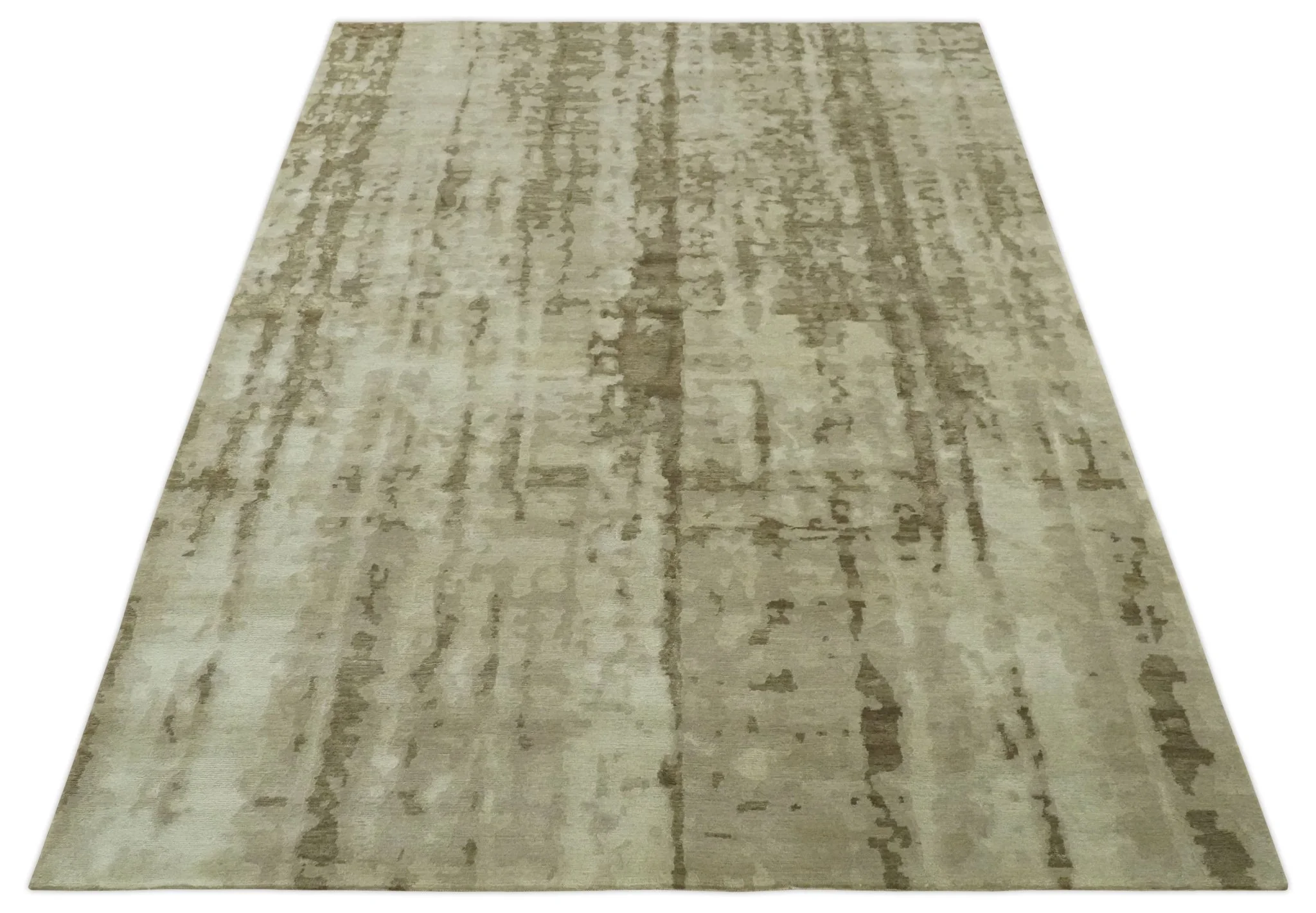 Modern Abstract Ivory, Olive and Beige Hand Knotted 6x9 wool and art silk Area Rug - Image 10