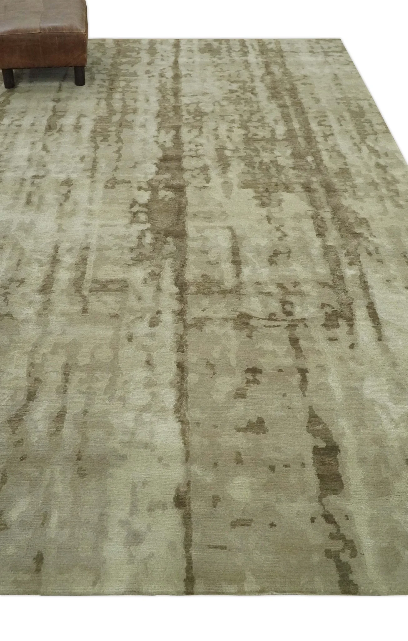 Modern Abstract Ivory, Olive and Beige Hand Knotted 6x9 wool and art silk Area Rug - Image 3