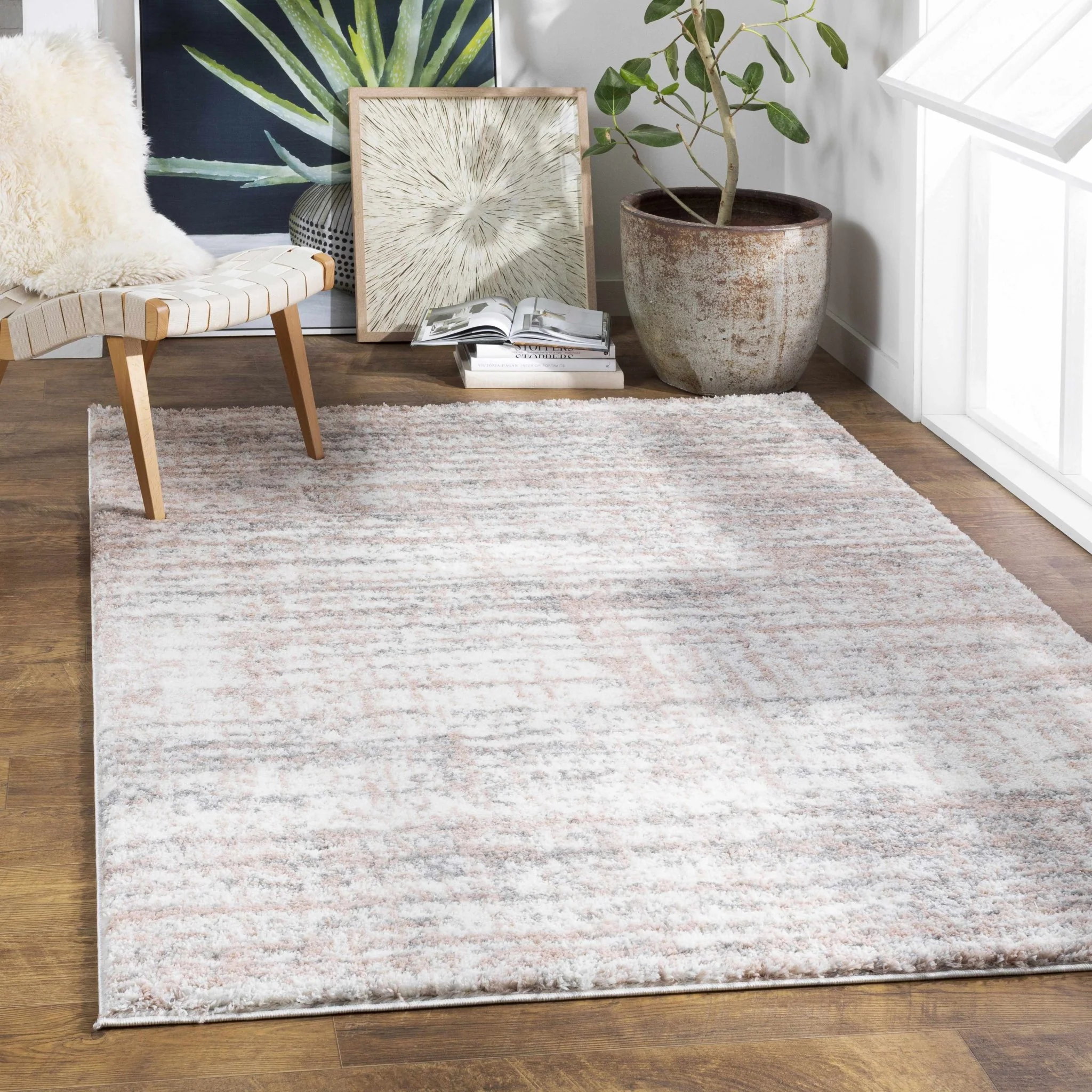 Modern Abstract Ivory, Peach and Gray Contemporary Plush pile area rug - Image 2