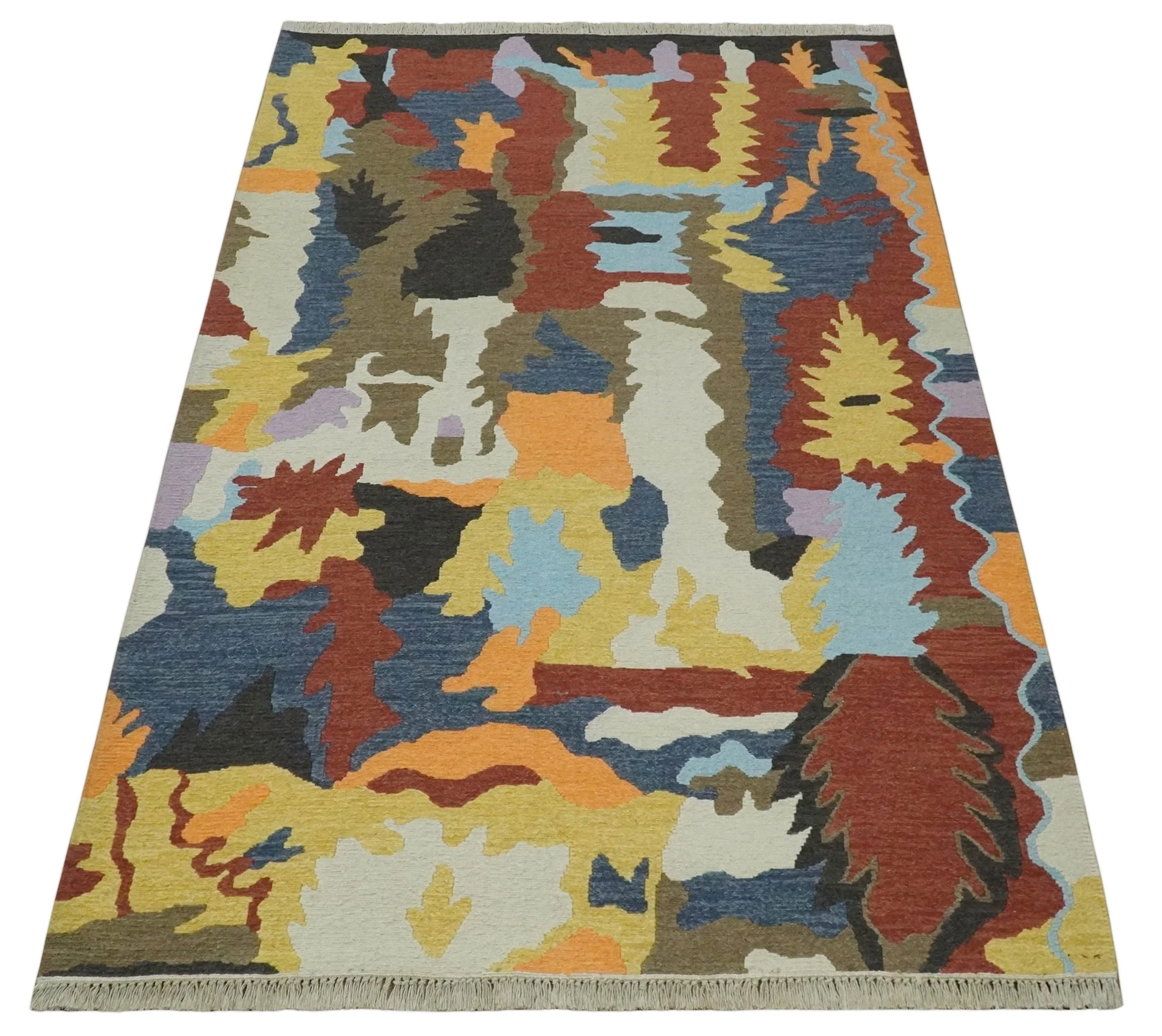 Modern Abstract Look Multi Color 5x8 Hand Woven Soumak Dhurrie Wool Area Rug - Image 10