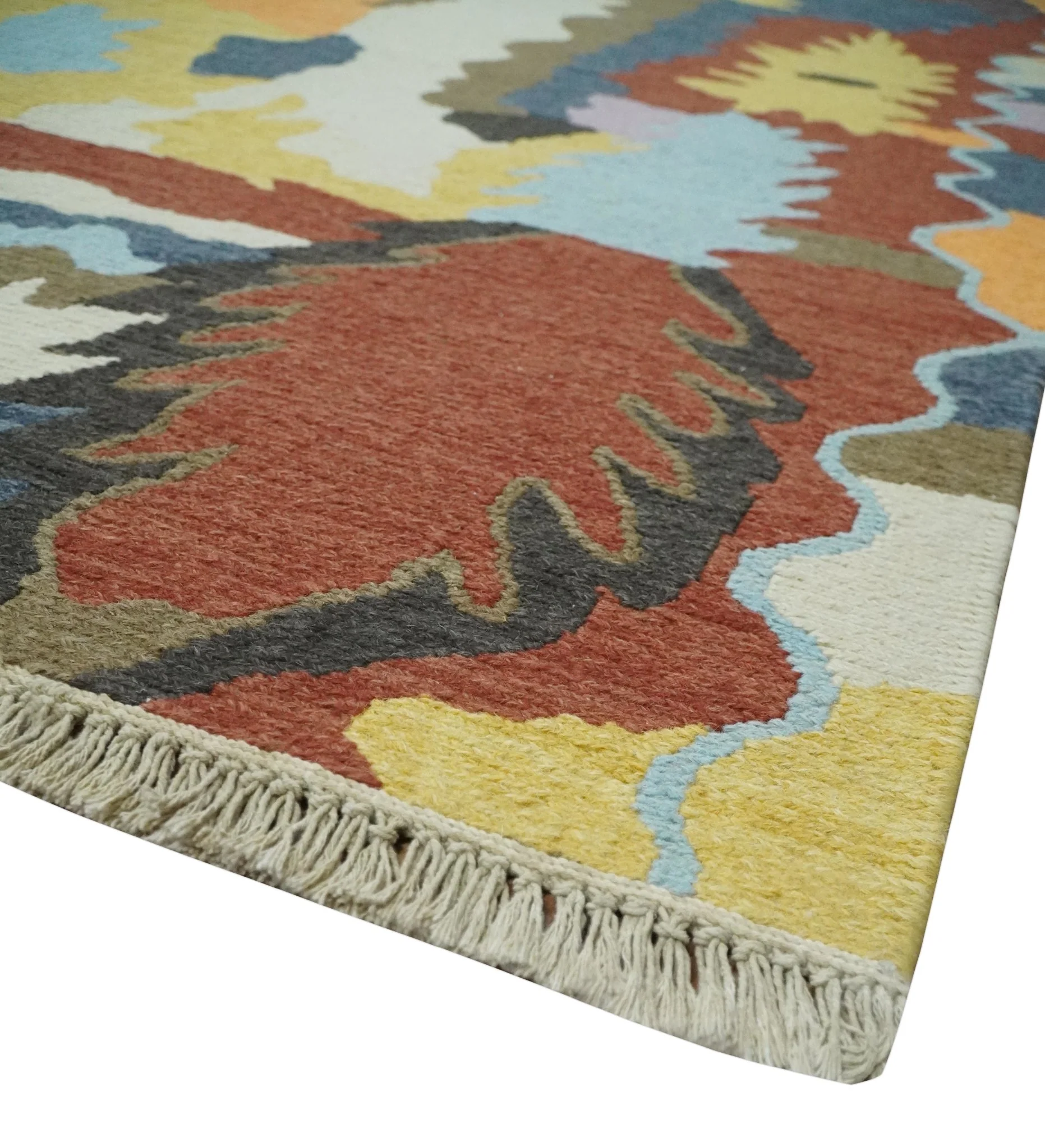 Modern Abstract Look Multi Color 5x8 Hand Woven Soumak Dhurrie Wool Area Rug - Image 5