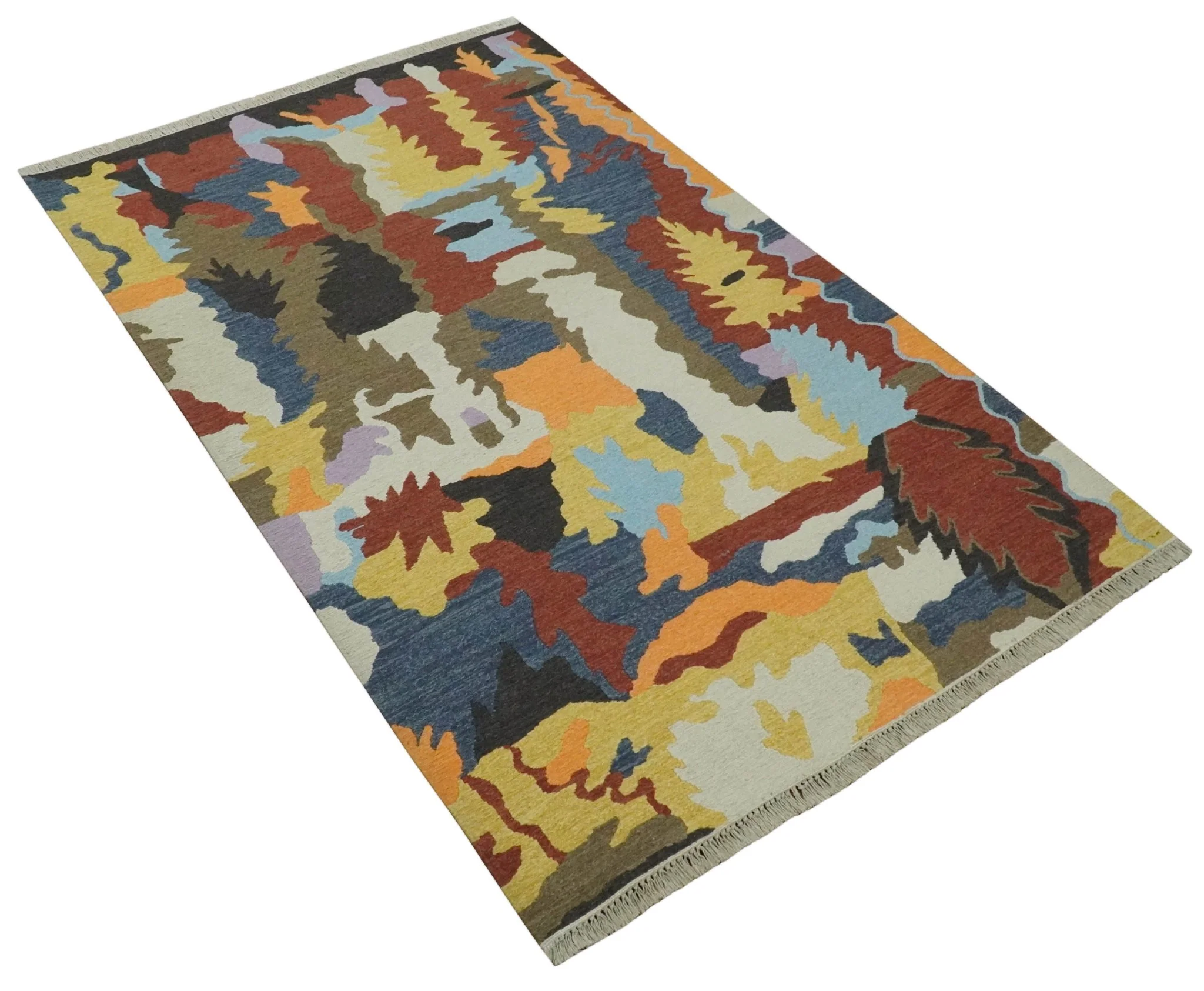 Modern Abstract Look Multi Color 5x8 Hand Woven Soumak Dhurrie Wool Area Rug - Image 9