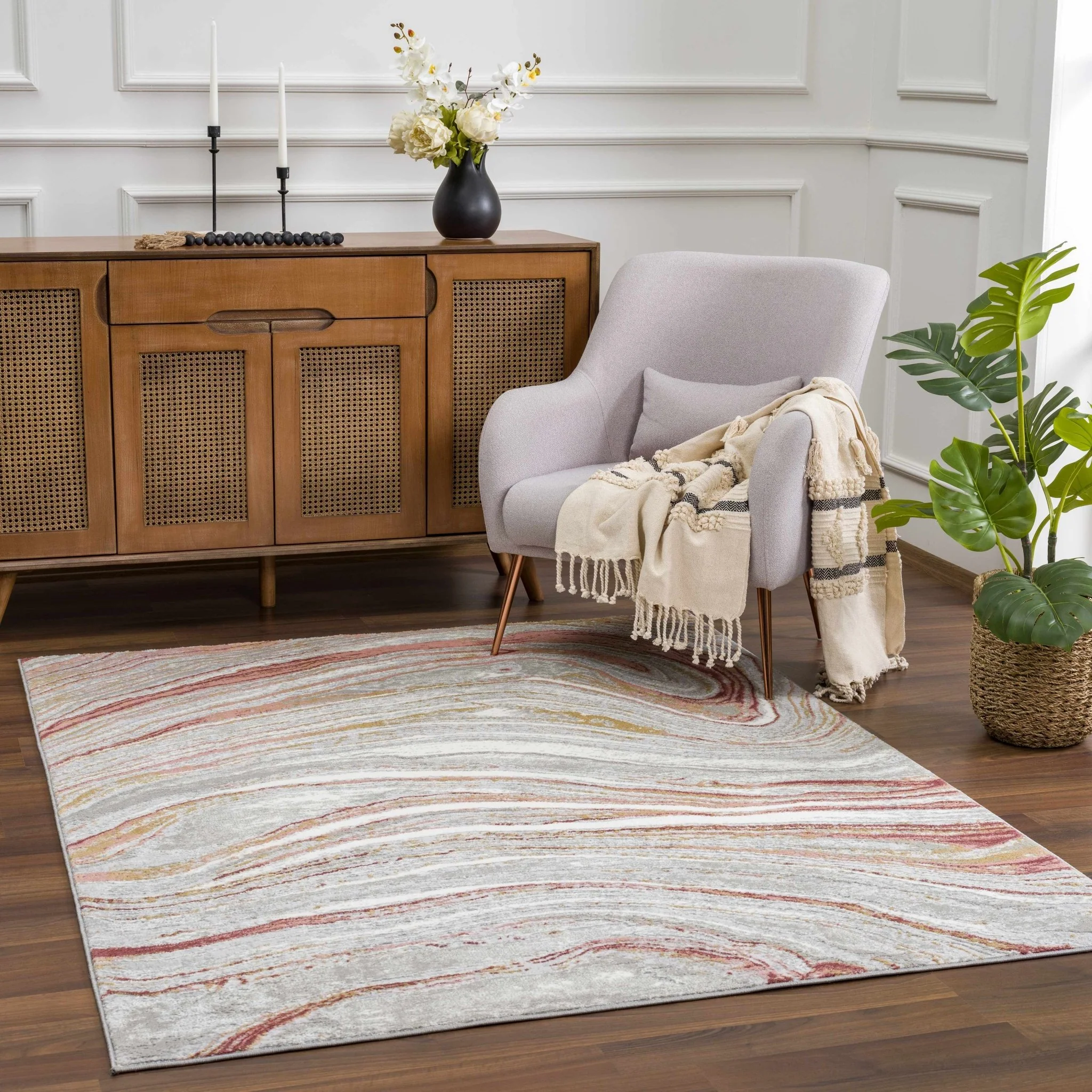 Modern Abstract Marble Design Gray, Ivory and Peach Area Rug - Image 12