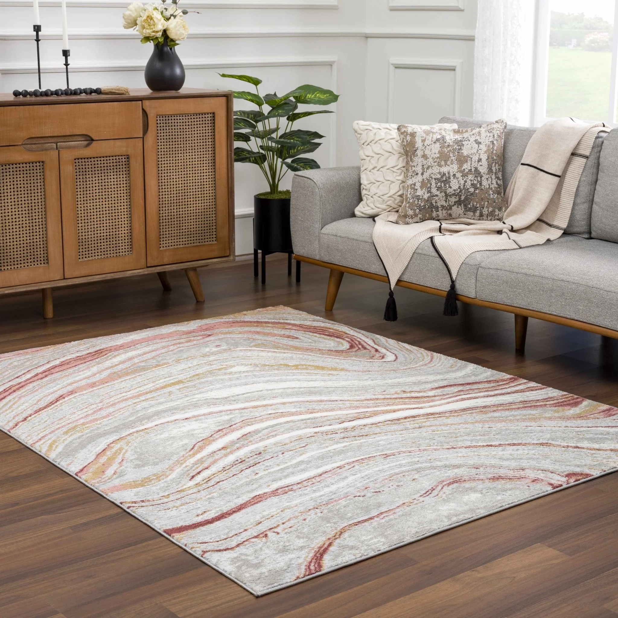 Modern Abstract Marble Design Gray, Ivory and Peach Area Rug - Image 13