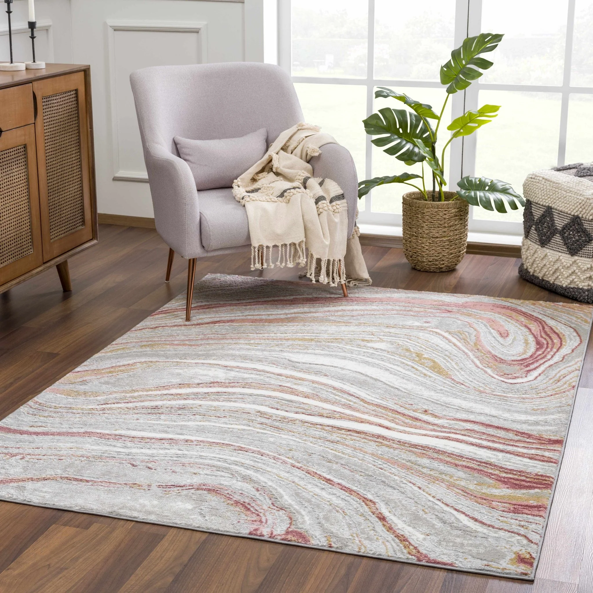 Modern Abstract Marble Design Gray, Ivory and Peach Area Rug - Image 3