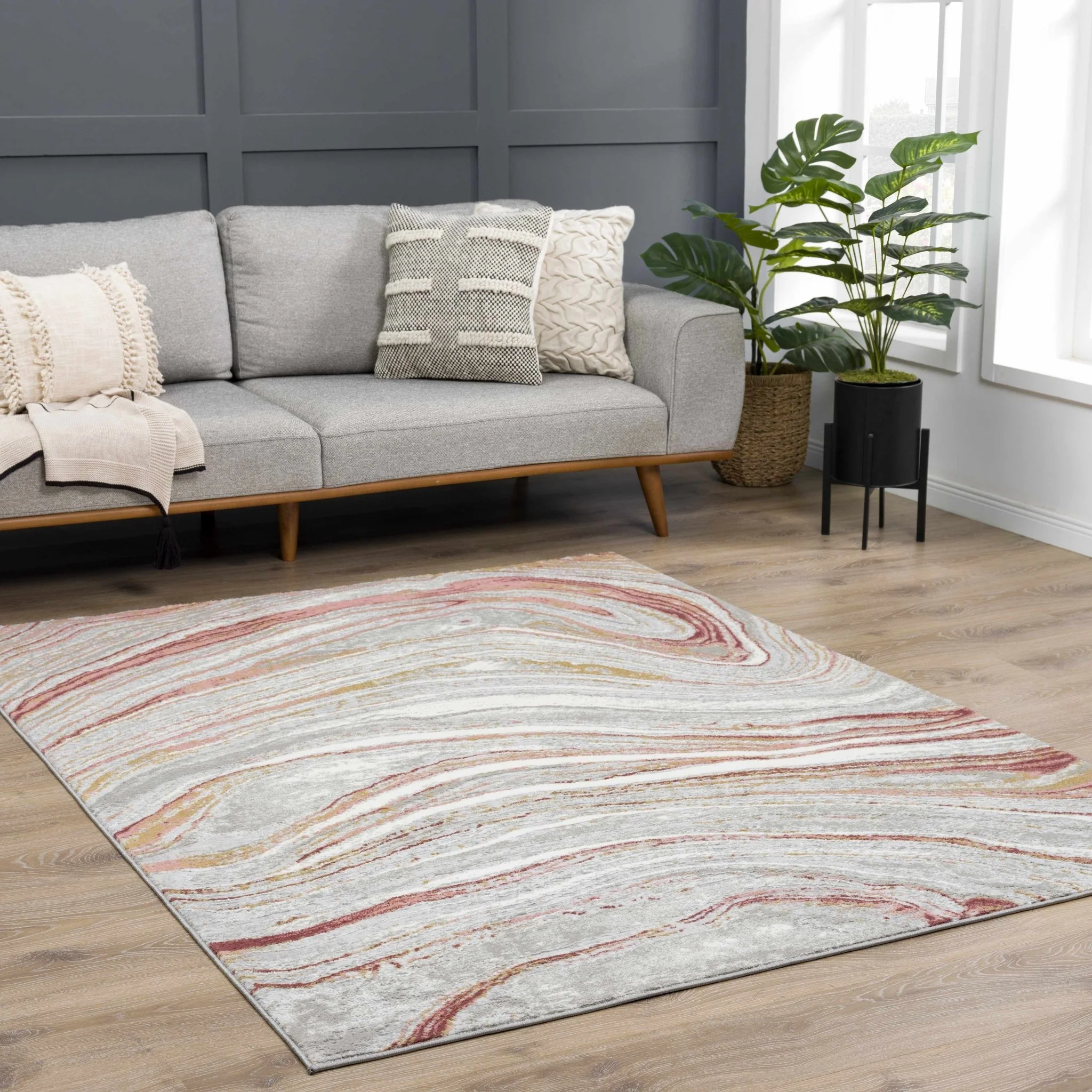Modern Abstract Marble Design Gray, Ivory and Peach Area Rug - Image 4