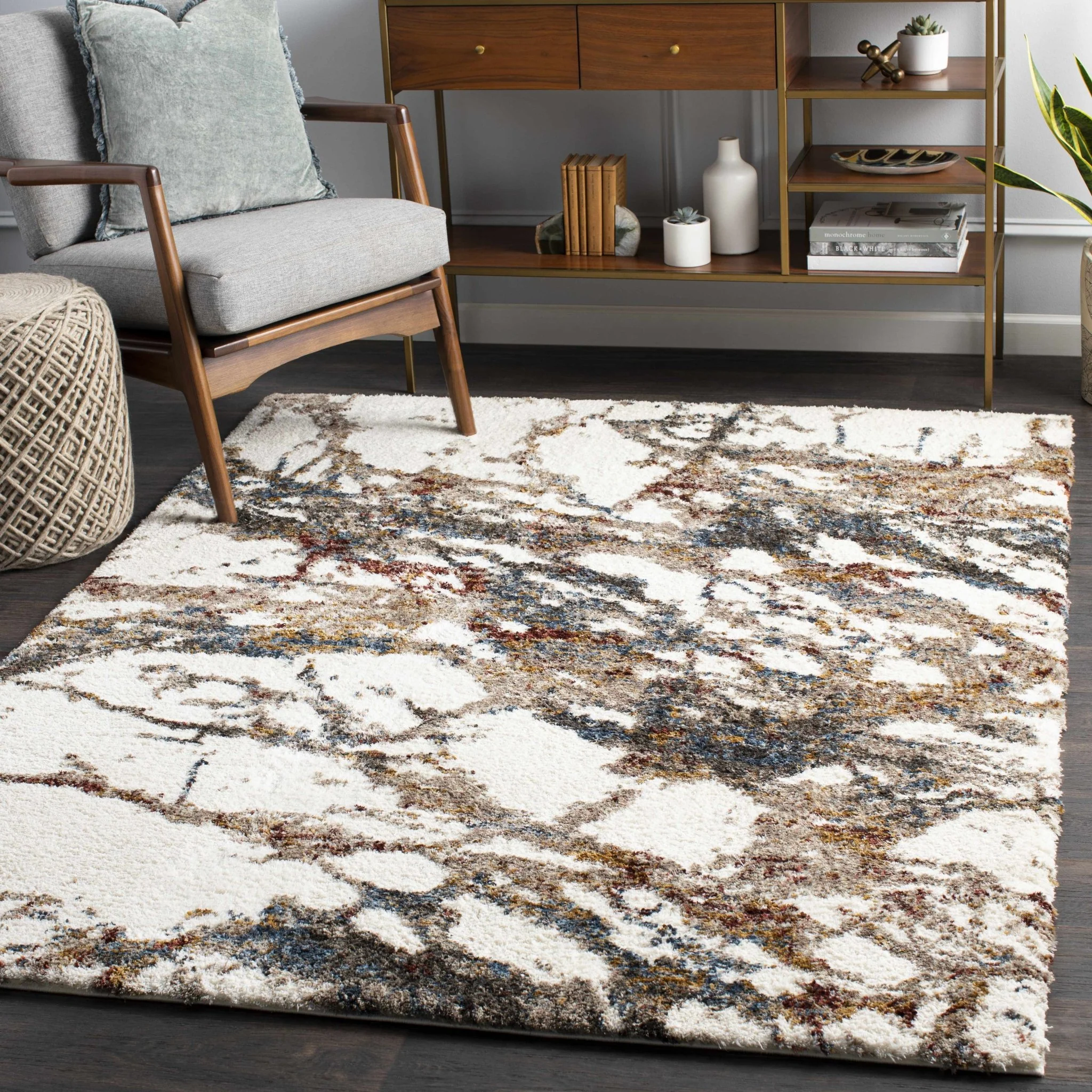 Modern Abstract Marble Design Ivory, Blue and Brown Moroccan Style Area rug - Image 2