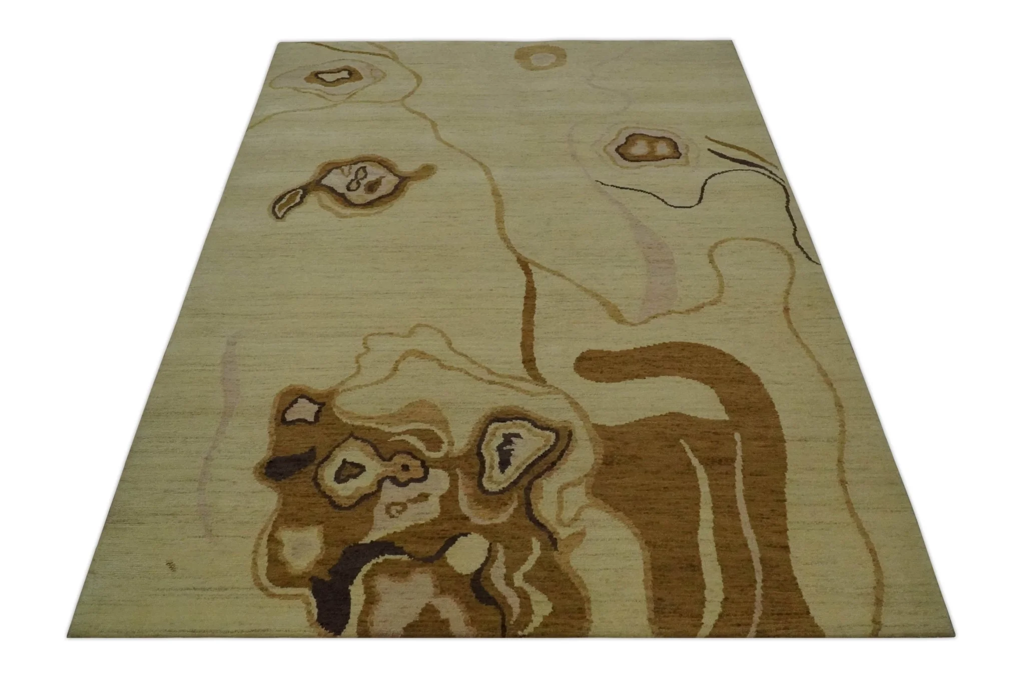 Modern abstract Olive and Brown Hand Knotted 5x8 Wool Area Rug - Image 10